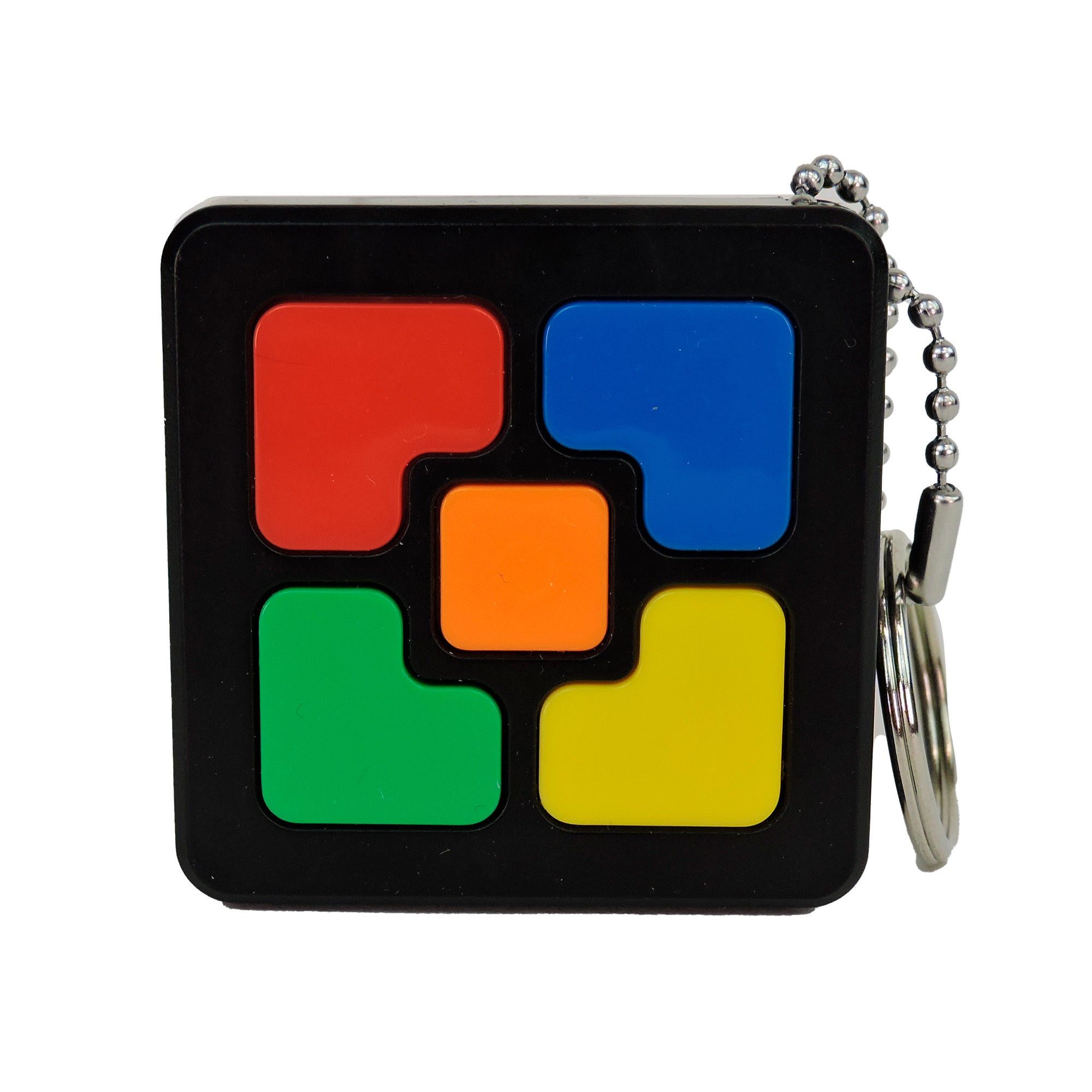 The GoCo Handheld Games Blind Bag by GoCo features a black square keychain with red, blue, green, yellow, and orange buttons in a pattern. It includes a silver chain on the right side—ideal for your blind bag collection.