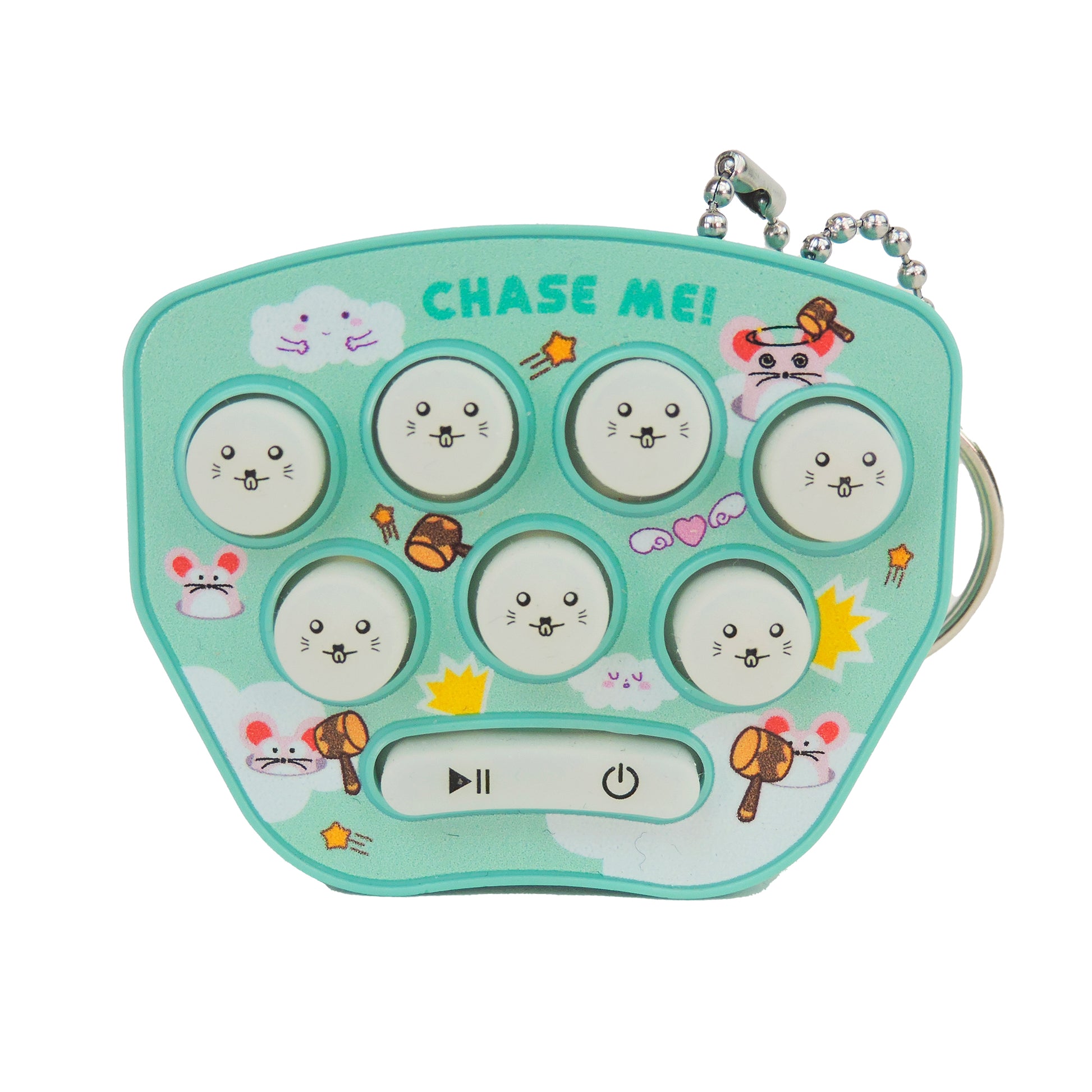The GoCo Handheld Games Blind Bag by GoCo is a light blue mini game with seven animal-faced buttons, decorated with clouds and stars. "Chase Me!" appears on top and there are control buttons below—ideal for handheld game fans!.