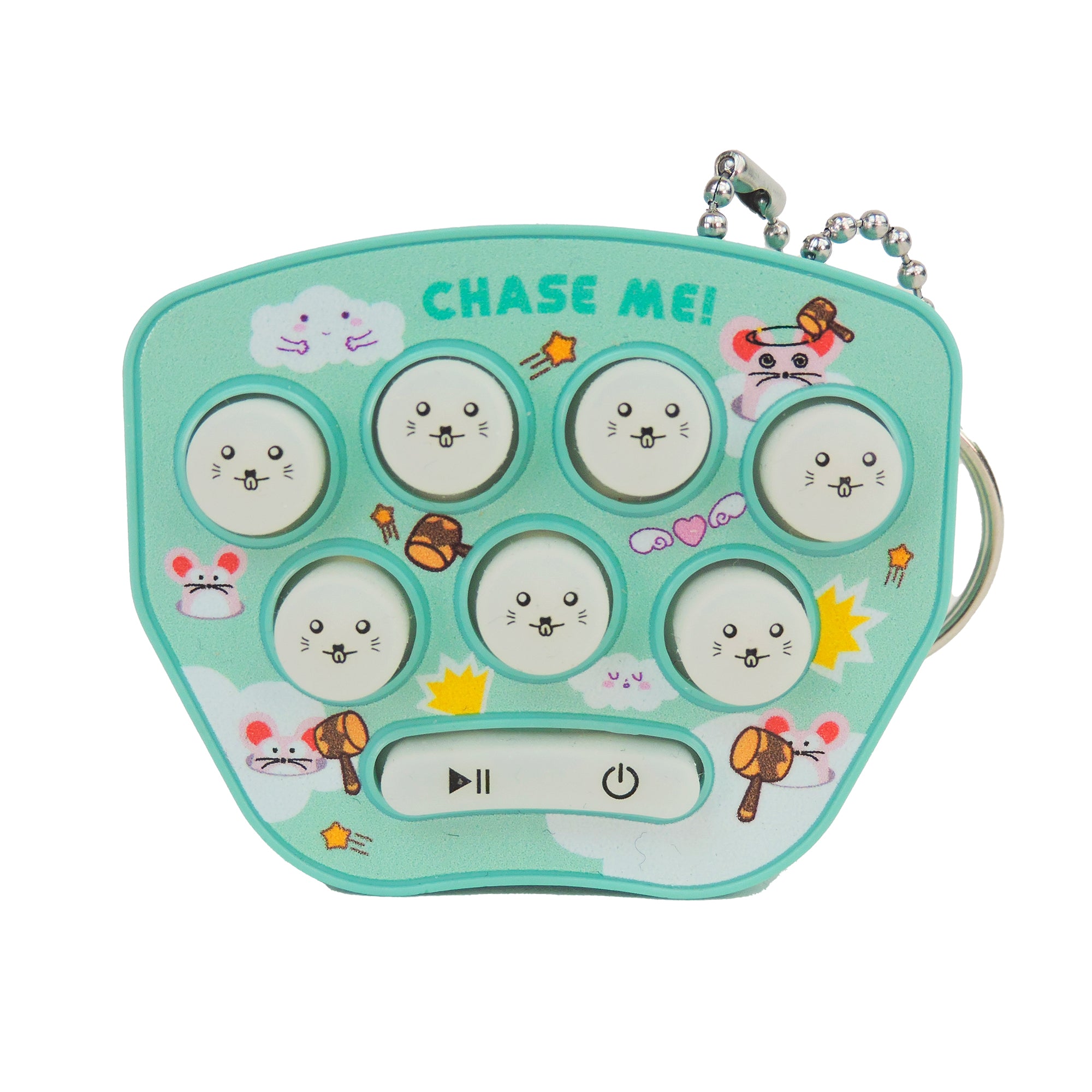 The GoCo Handheld Games Blind Bag by GoCo is a light blue mini game with seven animal-faced buttons, decorated with clouds and stars. "Chase Me!" appears on top and there are control buttons below—ideal for handheld game fans!.