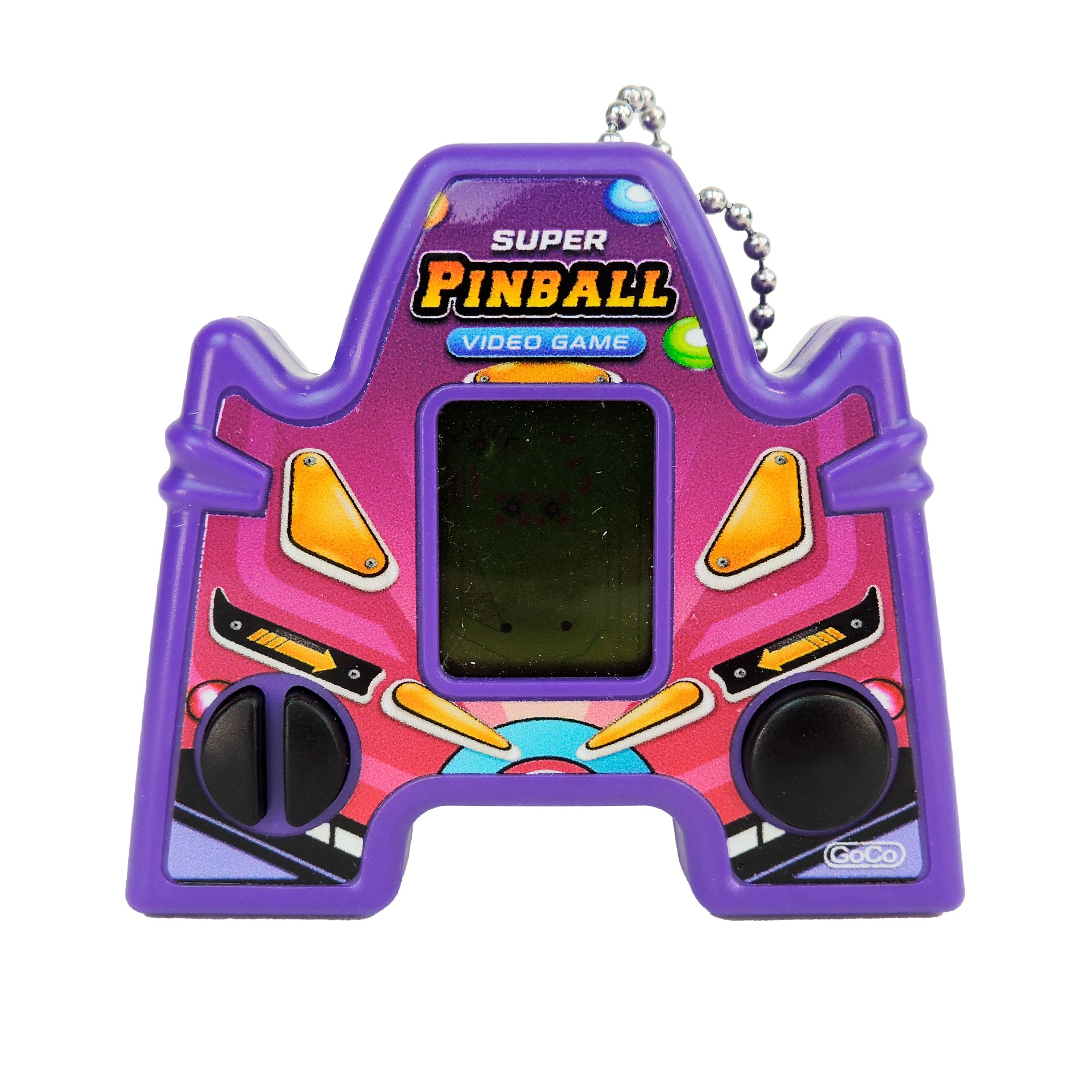 A small, purple GoCo Handheld Game from the GoCo Handheld Games Blind Bag, shaped like a pinball machine with colorful buttons and a top chain—ideal for classic handheld game fans.