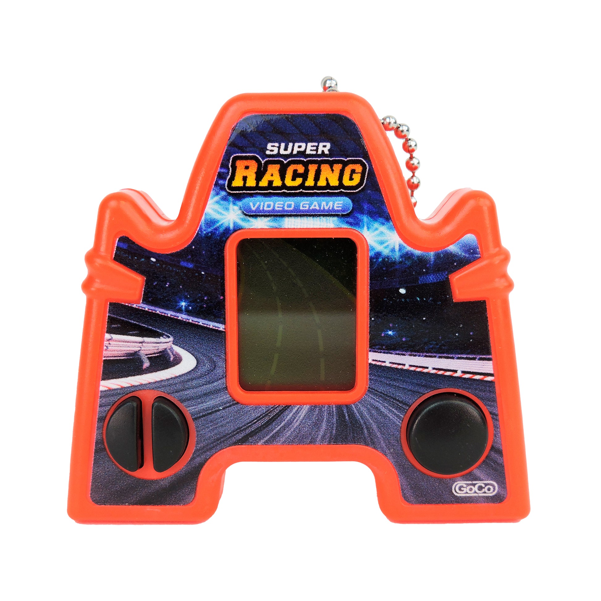 The GoCo Handheld Games Blind Bag features a mini game shaped like a red racing car with a black center screen, two black control buttons, a racetrack graphic, and a chain—ideal for your blind bag collection.