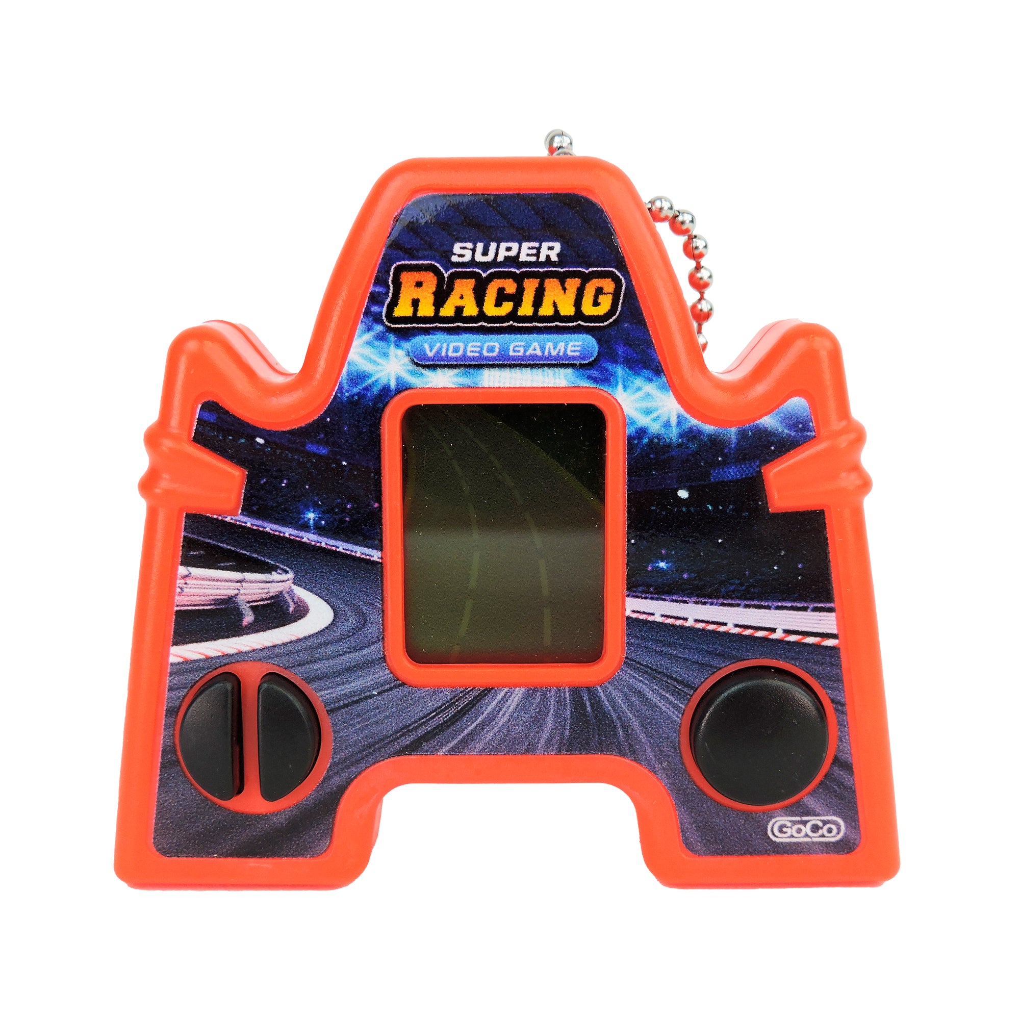 The GoCo Handheld Games Blind Bag features a mini game shaped like a red racing car with a black center screen, two black control buttons, a racetrack graphic, and a chain—ideal for your blind bag collection.