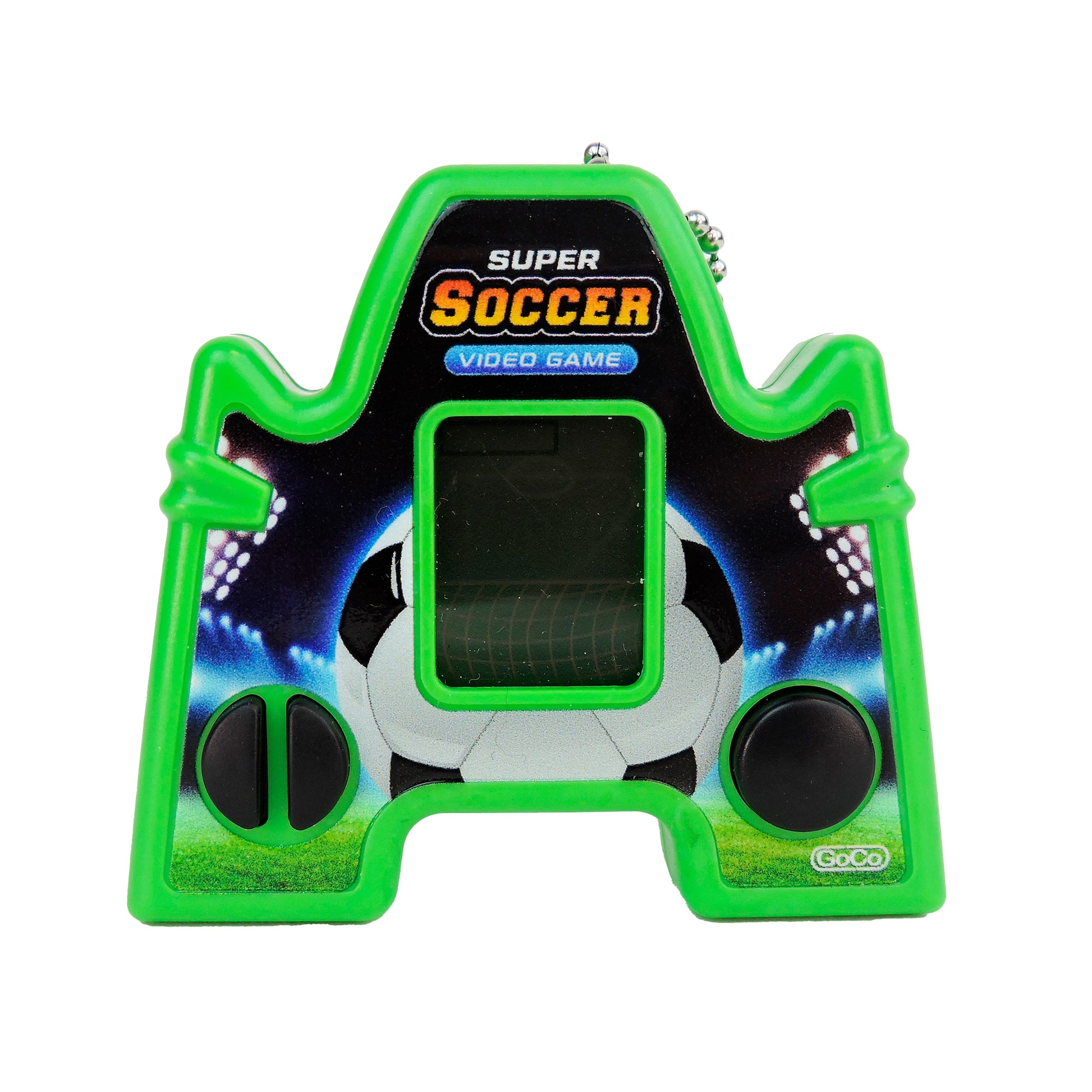 The GoCo Handheld Games Blind Bag features a green mini game shaped like a goalpost with a small screen, two black buttons, and soccer-themed design—perfect for fans of handheld games and surprises. Brand: GoCo.