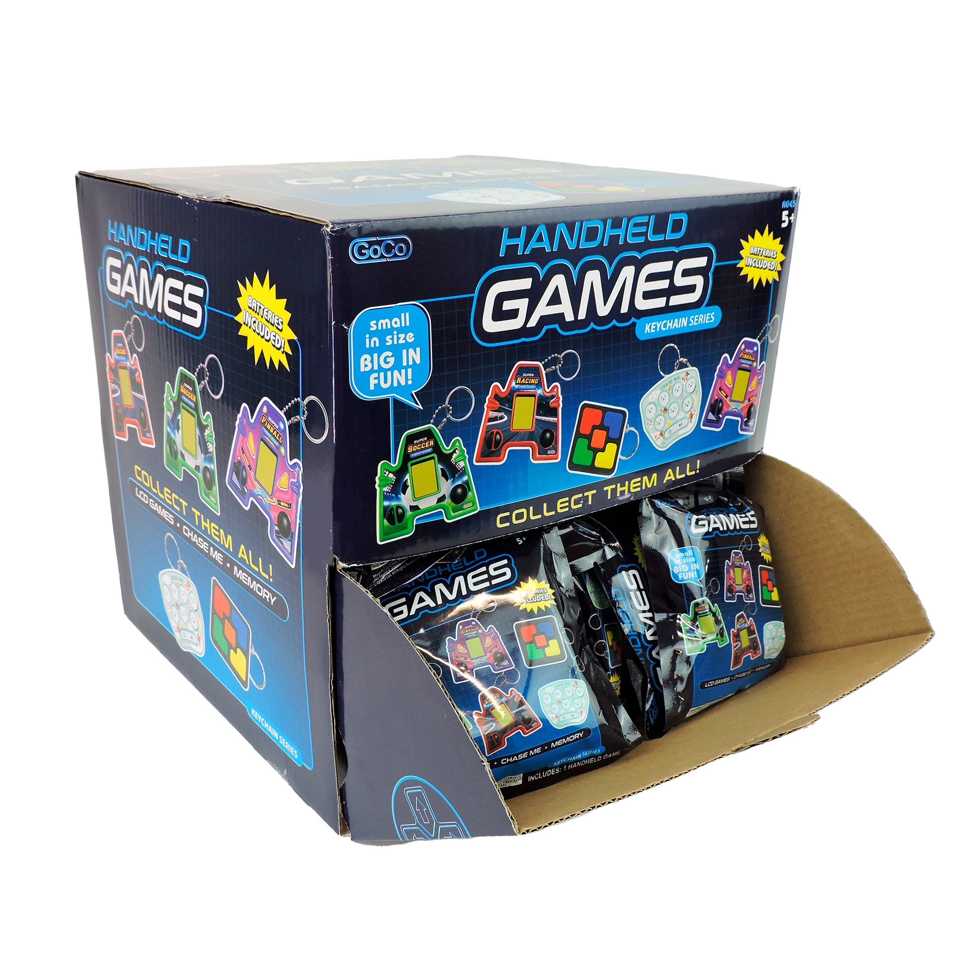 A display box of GoCo Handheld Games Blind Bag by GoCo features colorful images of mini handheld consoles. The open box reveals individually packaged LCD keychain games inside, with text highlighting: “Collect Them All!”.