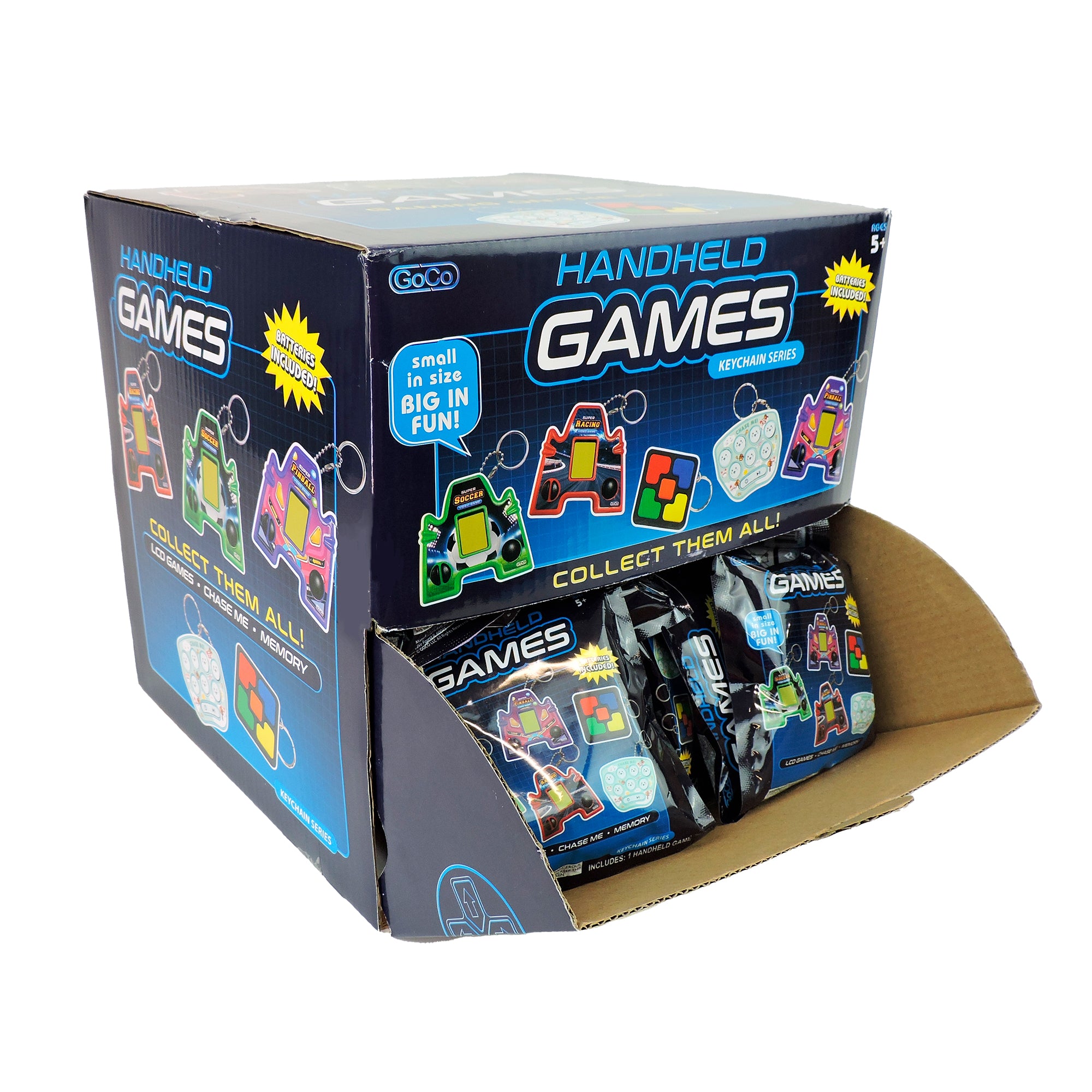 A display box of GoCo Handheld Games Blind Bag by GoCo features colorful images of mini handheld consoles. The open box reveals individually packaged LCD keychain games inside, with text highlighting: “Collect Them All!”.