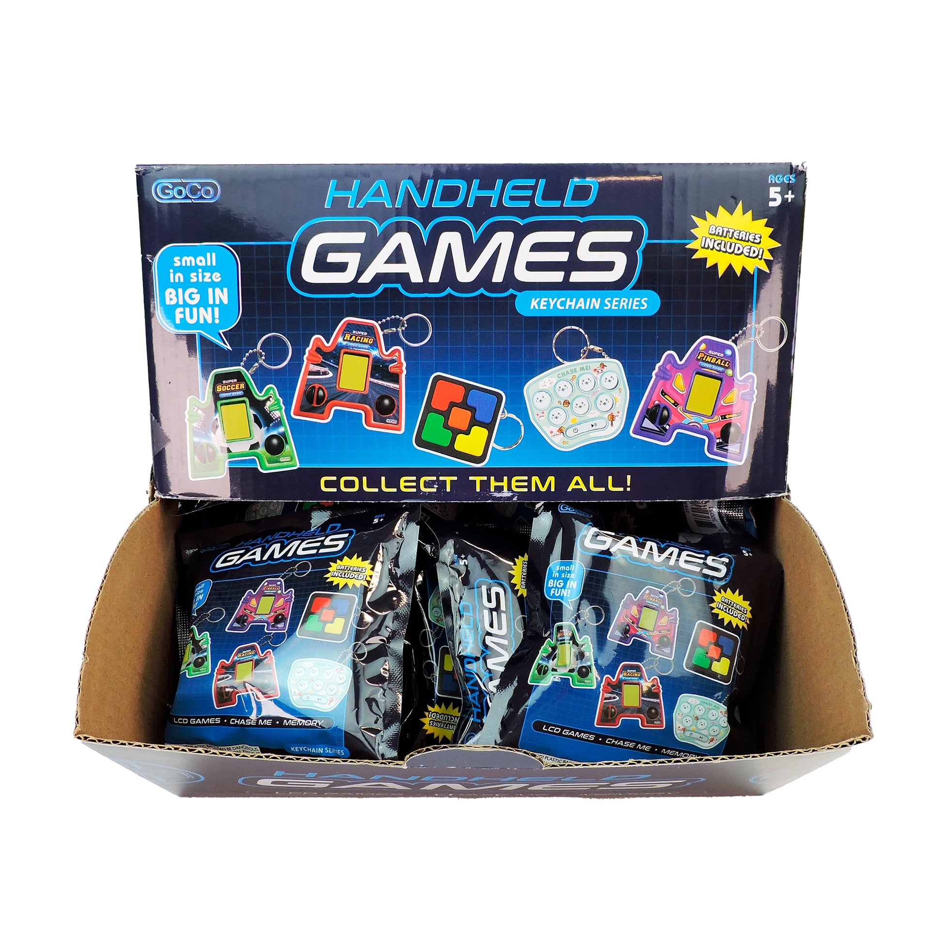 GoCo Handheld Games Blind Bag by GoCo features mini LCD game classics in colorful designs. Packaging highlights "small in size, big in fun." Suitable for ages 5 and up.