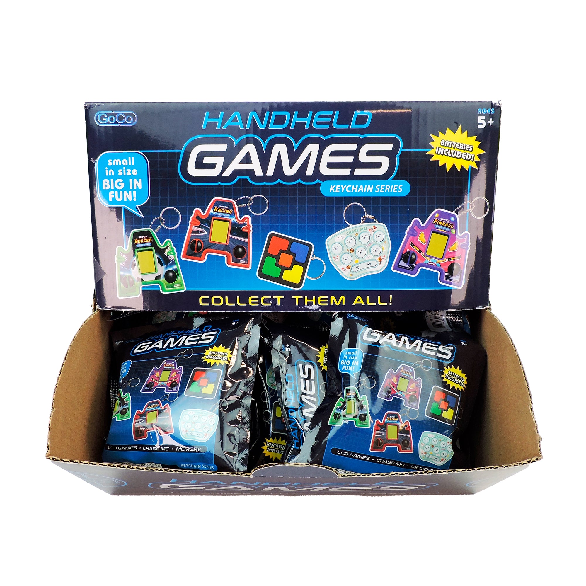 GoCo Handheld Games Blind Bag by GoCo features mini LCD game classics in colorful designs. Packaging highlights "small in size, big in fun." Suitable for ages 5 and up.
