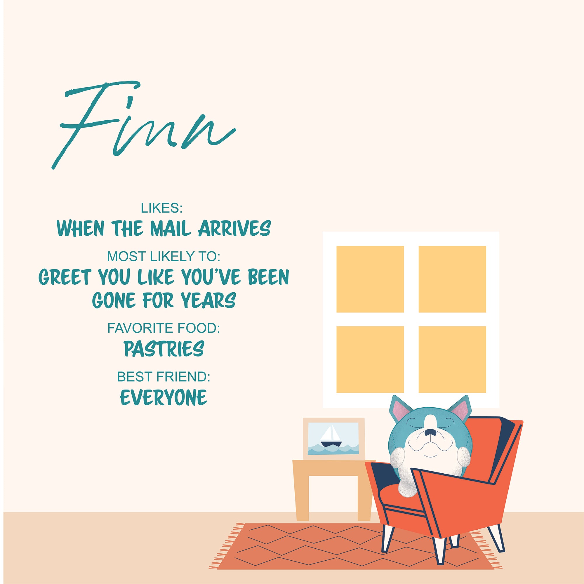 Illustration of Finn the smiling dog sitting in a red chair by a window with his Sugar Skwisheez: Home Bodies plush fidget nearby. Text shares Finn's likes, traits, favorite food (pastries), best friend (everyone), and shows side table décor.