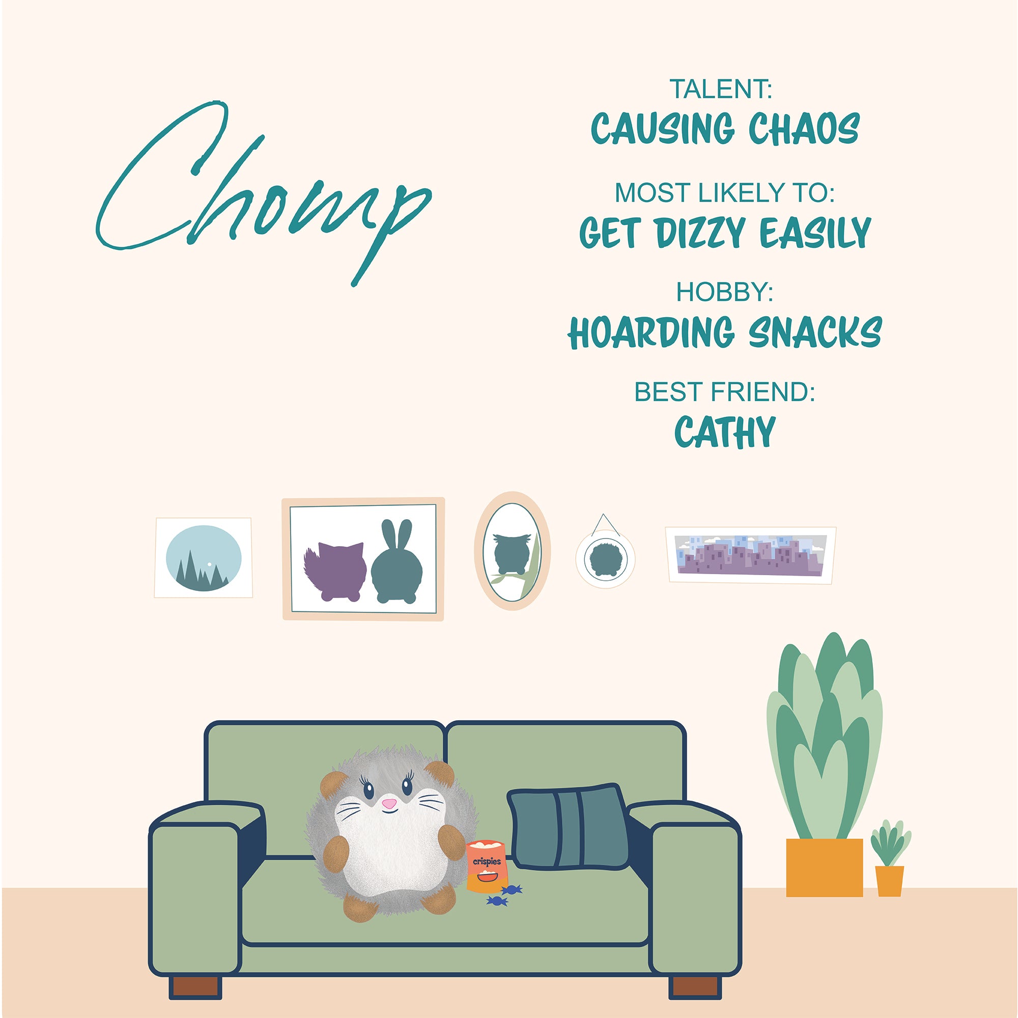 Illustration of Sugar Skwisheez: Home Bodies, a fluffy gray and white plush named Chomp sitting on a green couch with snacks. Like all Sugar Skwisheez, Chomp loves chaos, hoarding snacks, getting dizzy, and hanging out with bestie Cathy.