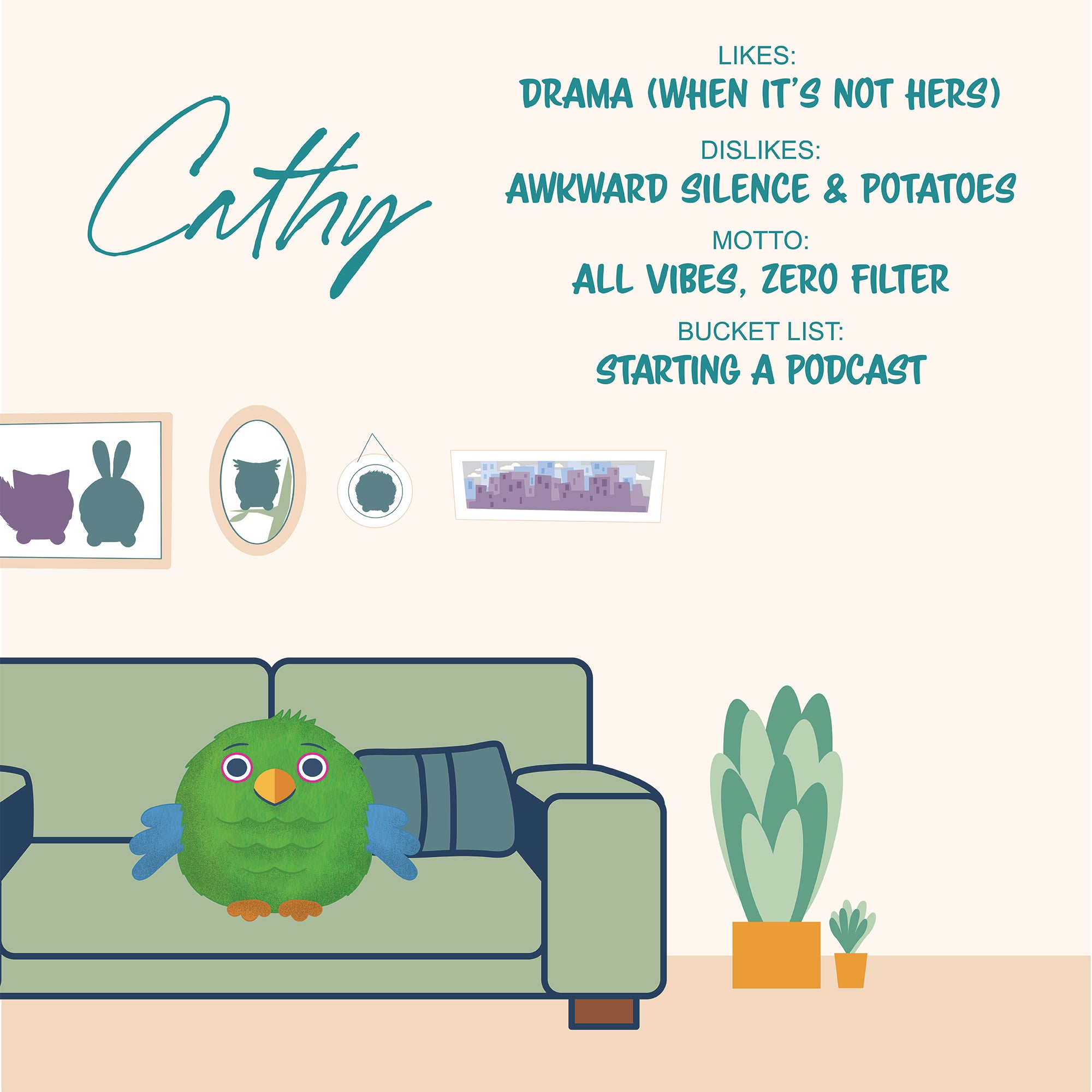 A cartoon green bird named Cathy relaxes on a green sofa with her favorite Sugar Skwisheez Home Bodies plush fidget. Text nearby shares her likes, dislikes, motto, and bucket list; framed art and animal silhouettes decorate the wall behind her.