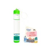 The Sensory Lab Liquid Motion is a clear cylindrical sensory toy with a green cap, white string, and blue liquid, plus a colorful tag. It offers calming breaks and includes a safety warning for children under 3 years.