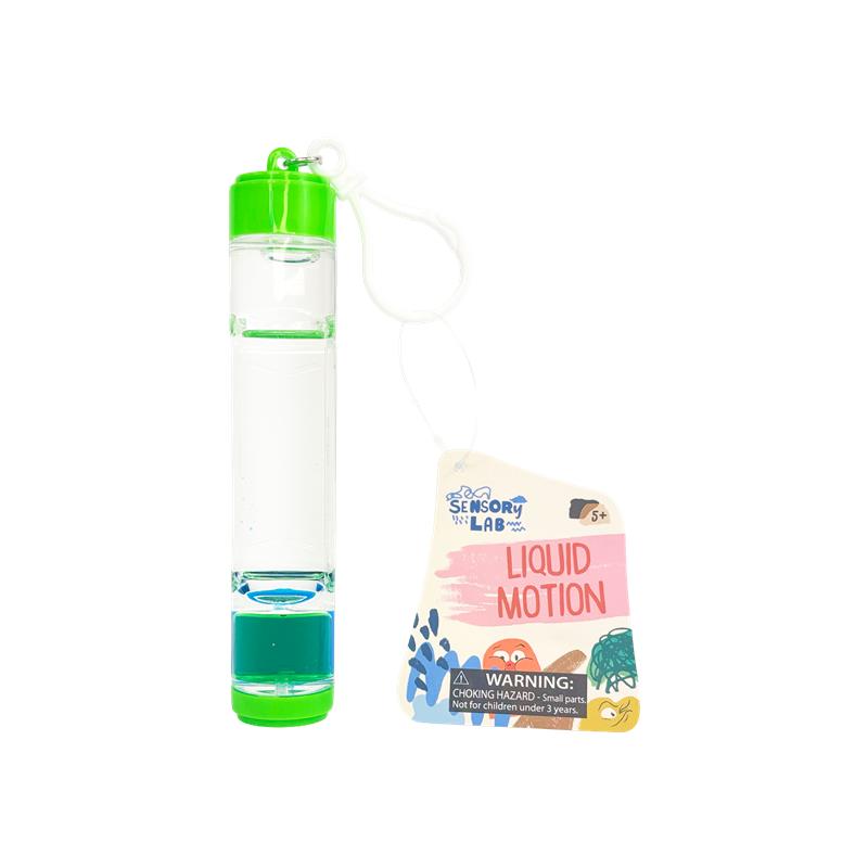 The Sensory Lab Liquid Motion is a clear cylindrical sensory toy with a green cap, white string, and blue liquid, plus a colorful tag. It offers calming breaks and includes a safety warning for children under 3 years.