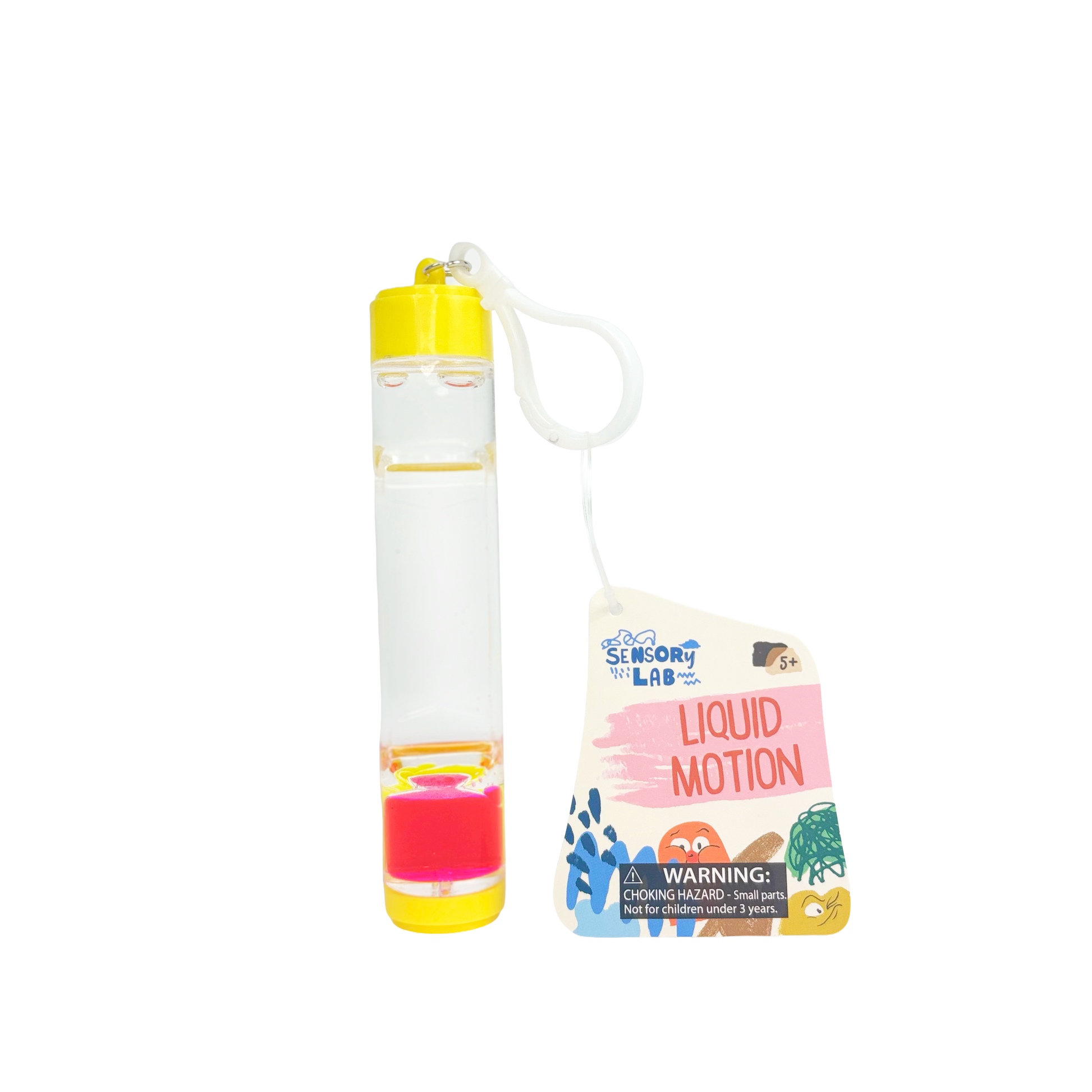 The Sensory Lab Liquid Motion is a clear, cylindrical sensory toy with yellow end caps and pink liquid, ideal for calming breaks. A tag on top reads the product name and includes a warning about small parts.