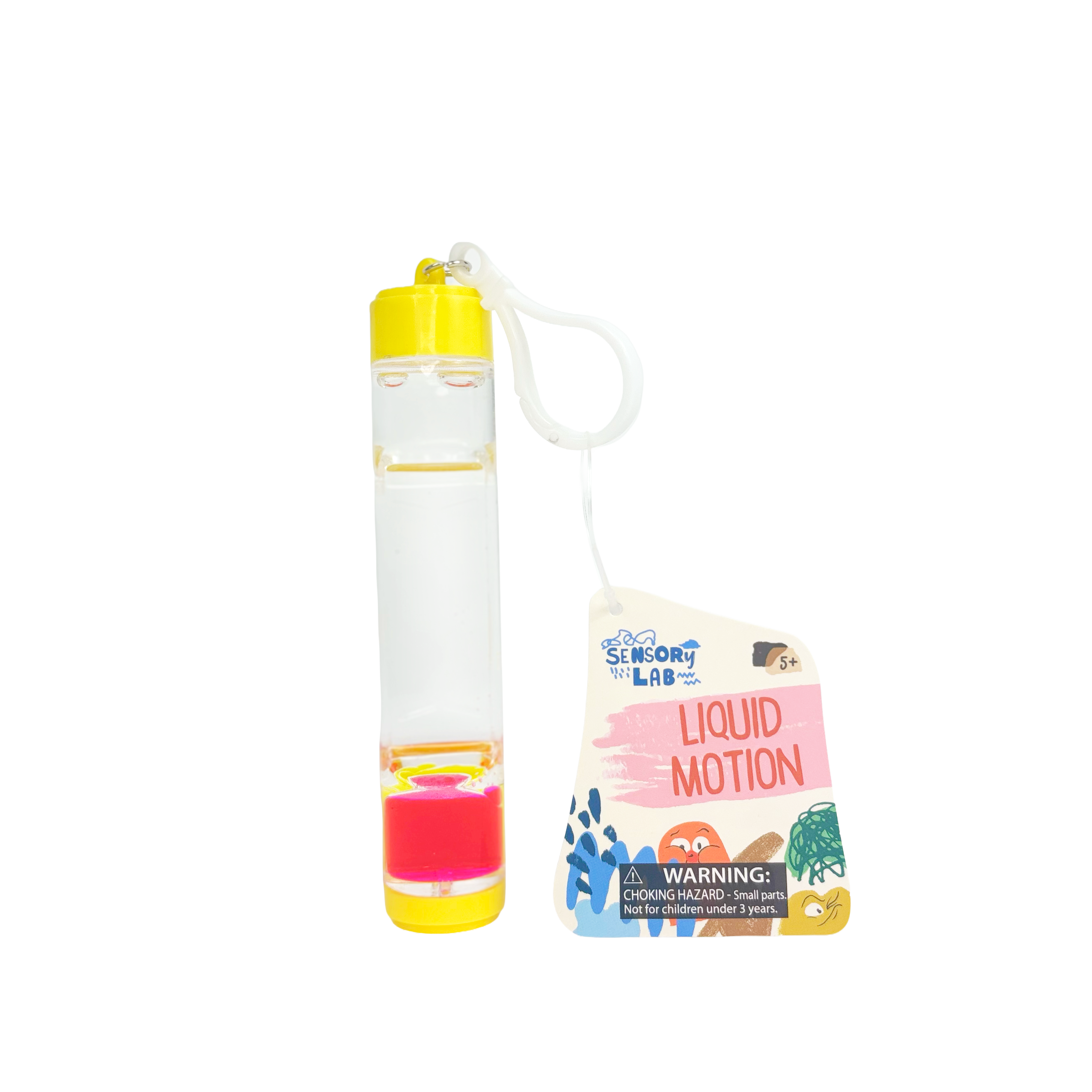 The Sensory Lab Liquid Motion is a clear, cylindrical sensory toy with yellow end caps and pink liquid, ideal for calming breaks. A tag on top reads the product name and includes a warning about small parts.