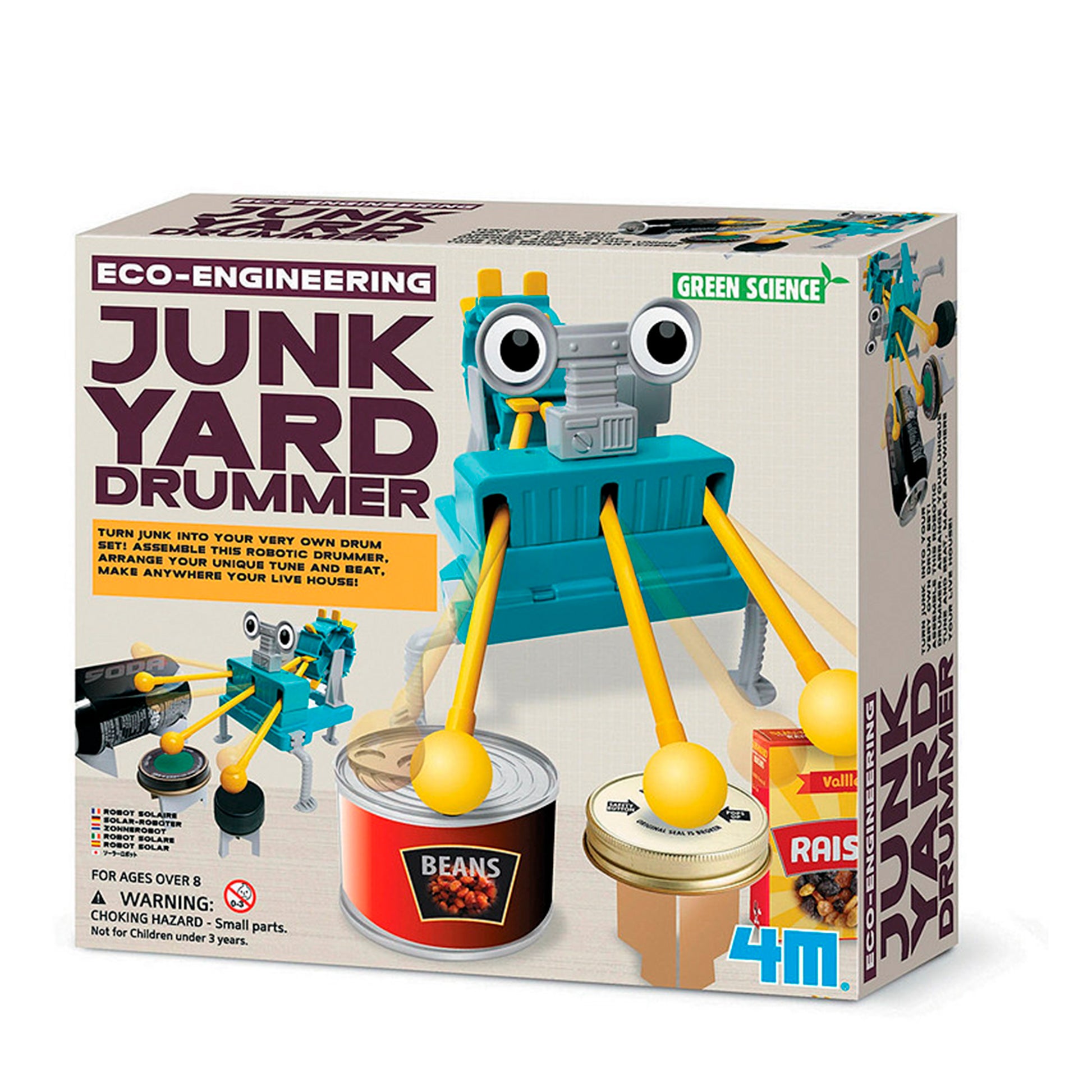 Box of the Toysmith Junk Yard Drummer, a creative STEAM kit featuring a robot with googly eyes and drumsticks made from recycled containers—kids can build, play, and learn about recycling.