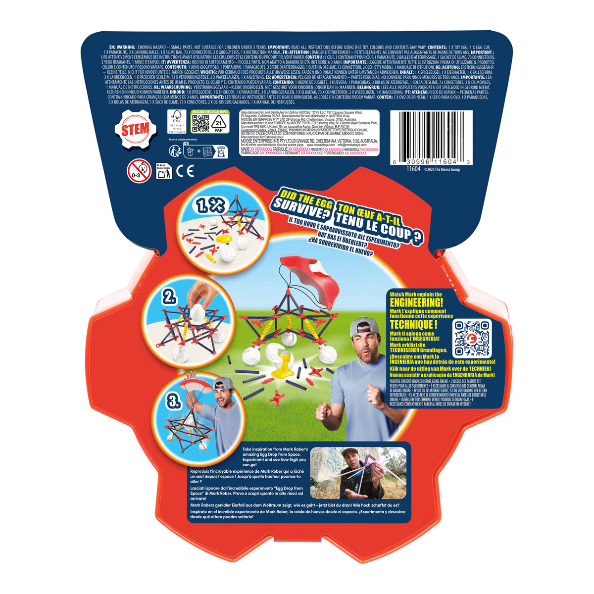 Back of the Crunch Labs Crunch Kit Skyfall Egg Drop package by Moose Toys, featuring step-by-step instructions with numbered images—including an egg, a tower-like build, and a person reacting—alongside engineering-themed text. The primarily blue background with red accents includes a QR code and highlights details about the STEM-based Egg Drop Challenge.