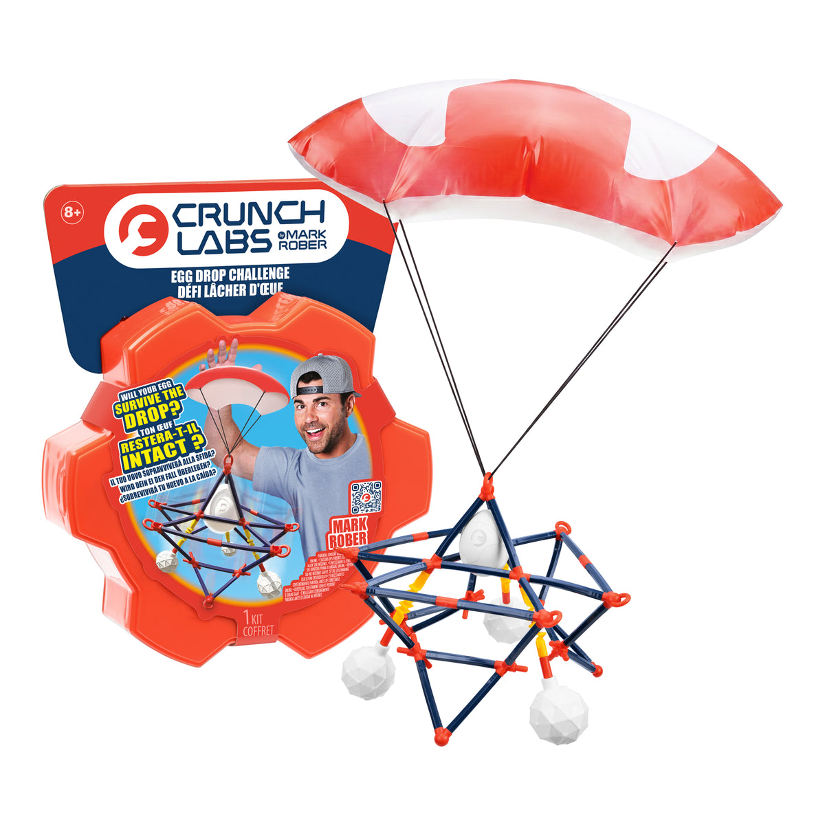 The Moose Toys Crunch Labs Crunch Kit Skyfall Egg Drop includes packaging featuring a photo of Mark Rober, a model parachute in red and white, connected rods forming a sturdy frame, and an egg capsule. This innovative STEM kit is perfect for ages 8 and up.
