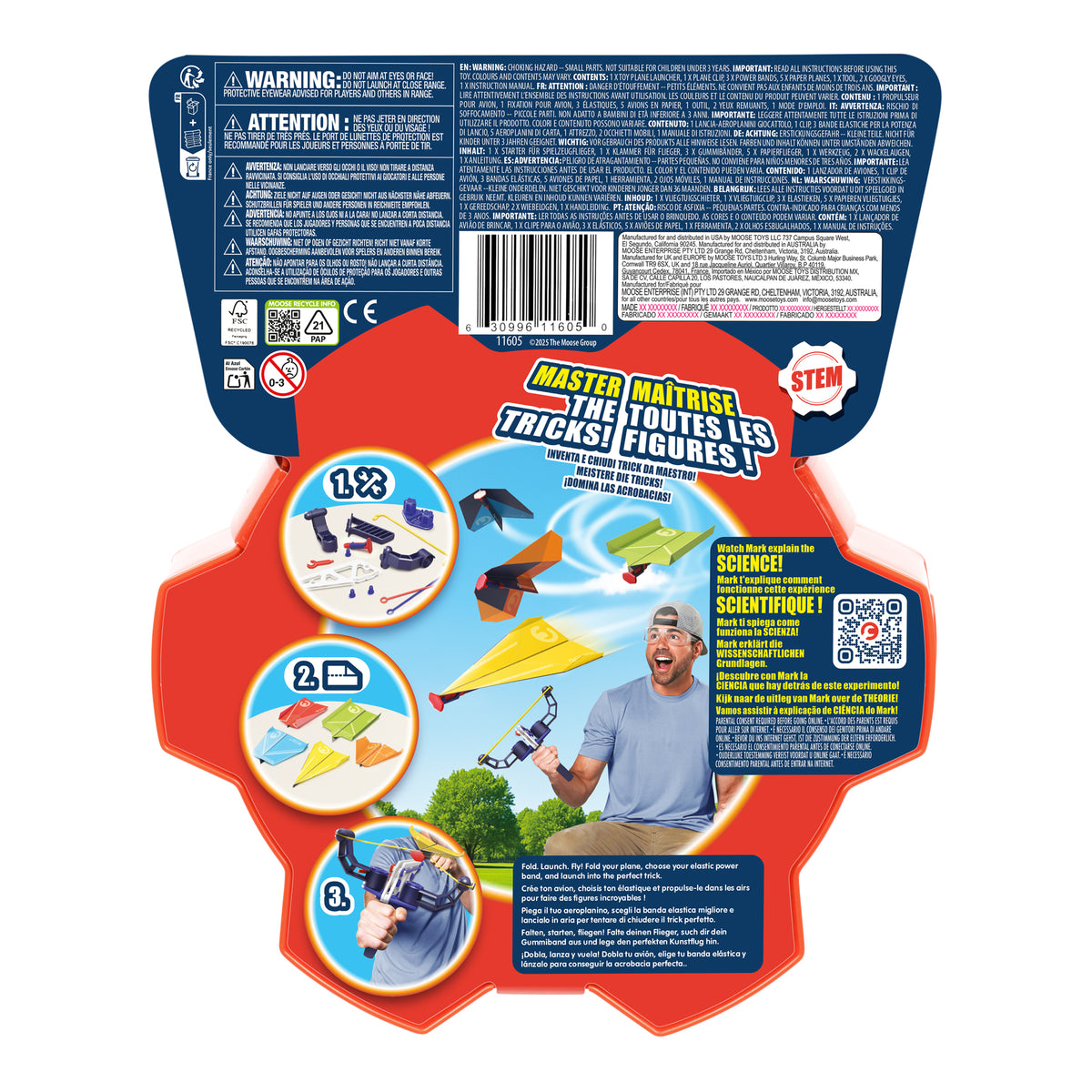 Back of a toy package featuring instructions for assembling and launching the yellow Crunch Labs Crunch Kit Turbo Trick Flyer by Moose Toys, with an illustration of a man aiming the launcher. Text promotes STEM learning through this innovative kit, highlights important safety warnings, and features colorful, step-by-step illustrations from the Crunch Labs series.