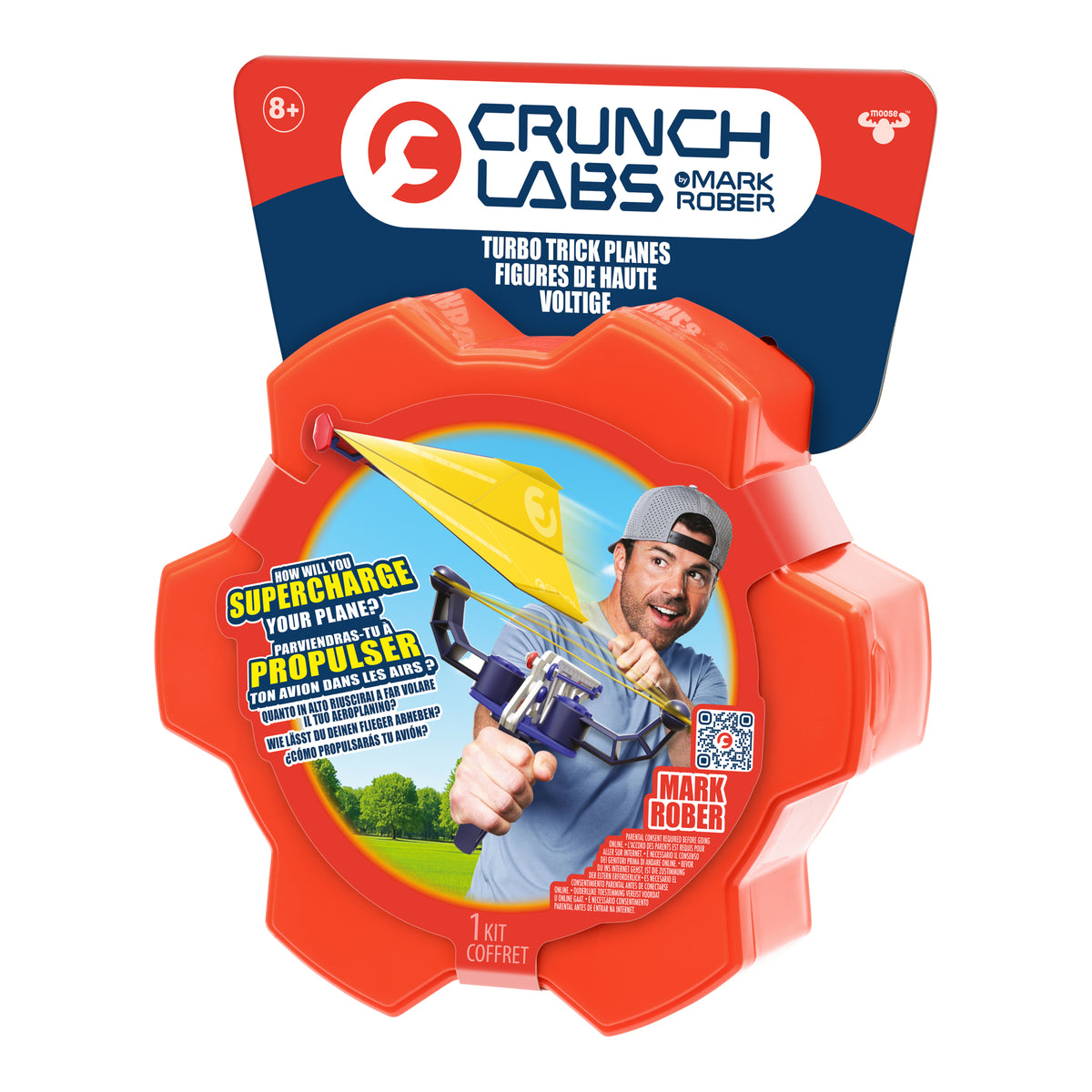 The Moose Toys Crunch Labs Crunch Kit Turbo Trick Flyer is a fun STEM toy in red, gear-shaped packaging featuring Mark Rober launching a toy plane with the text “Supercharge your plane!” on the front. This kit is designed for ages 8 and up.
