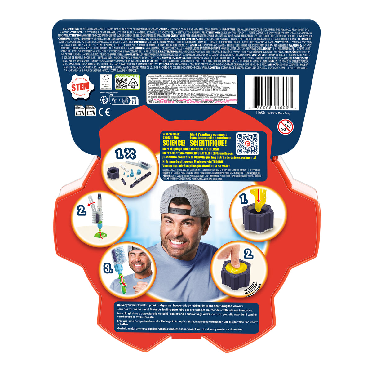 Packaging for the Moose Toys Crunch Lab Crunch Kit Slime Prank Lab displays included parts, detailed assembly steps, and a man reacting with excitement. Four illustrated steps guide users through building and launching the tower with this Crunch Kit. Safety and product details are prominently featured at the top of the packaging.