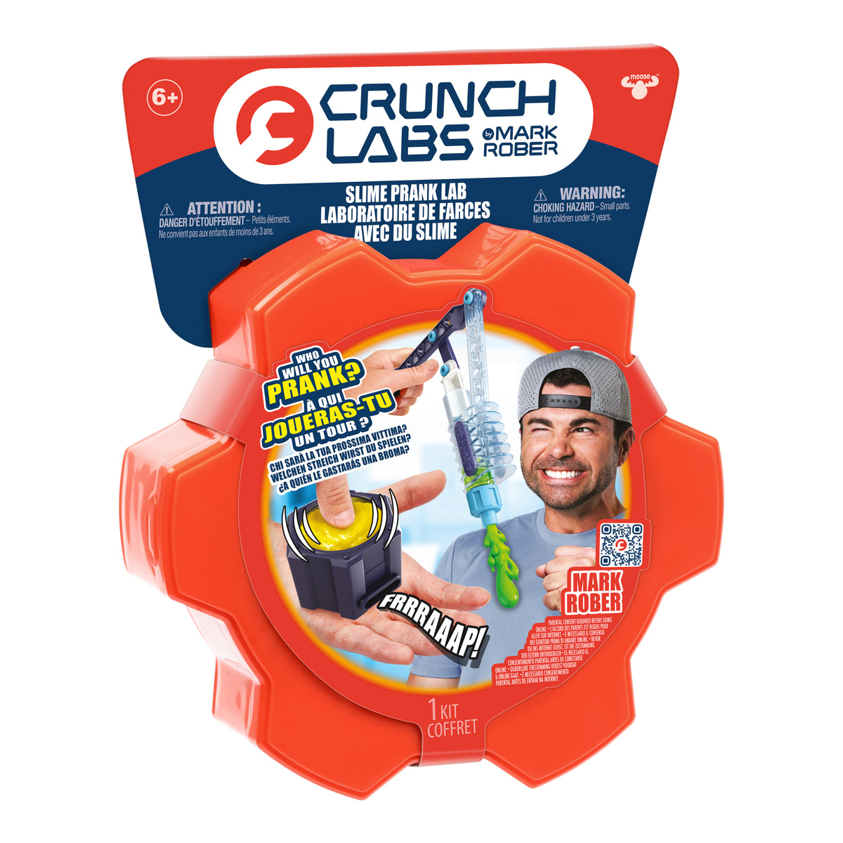 The Moose Toys Crunch Lab Crunch Kit Slime Prank Lab comes in eye-catching orange packaging featuring a photo of Mark Rober, a cartoon hand with a buzzer, and bold text about prank toys and slime. This fun STEM kit from the Crunch Kit collection makes science exciting for kids ages 6 and up.