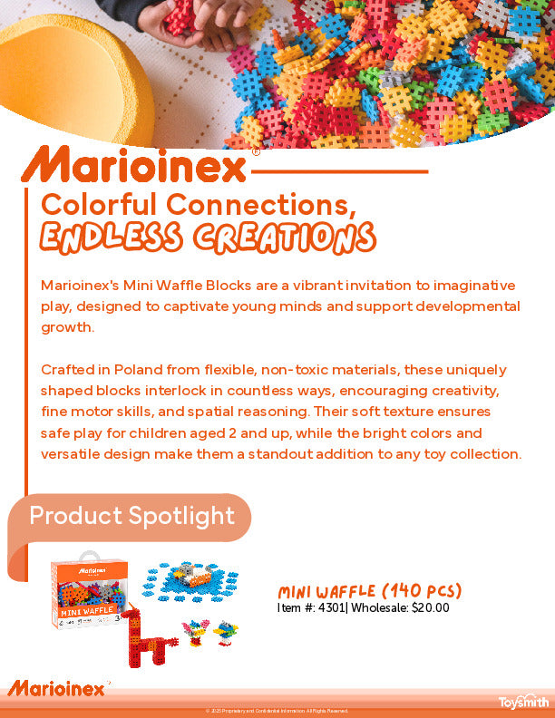 Colorful flyer for Marioinex Mini Waffle Blocks, showing bright, interlocking blocks, product details, and an image of the block set with the tagline Colorful Connections, Endless Creations.