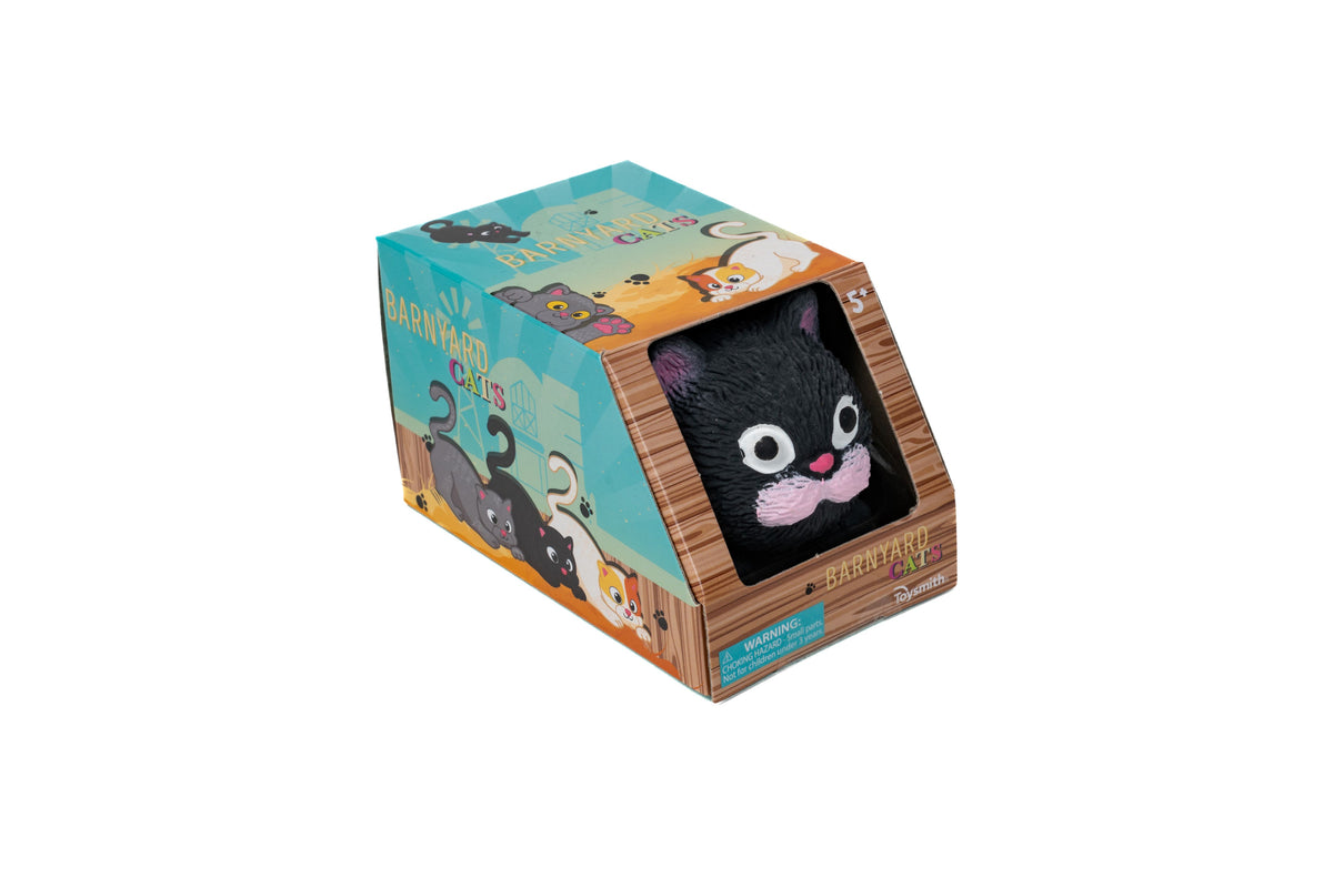 Barnyard Cats by Farm Fresh: A boxed toy with a black cat figure featuring big eyes and a pink nose. Packaging is decorated with cartoon cat illustrations and the Barnyard Cats name; ideal for imaginative play.