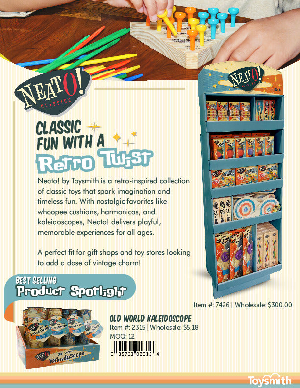 A promotional flyer features a child playing with a colorful wooden peg game and a blue display rack filled with retro-style classic toys, including kaleidoscopes and yo-yos. Text highlights the toys nostalgic appeal.