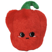 The Sugar Skwisheez Night Shades plush is a cute red bell pepper with a green stem, embroidered black eyes, pink cheeks, and a smile. This slow-rising squeeze toy from Sugar Skwisheez is irresistibly adorable and friendly.