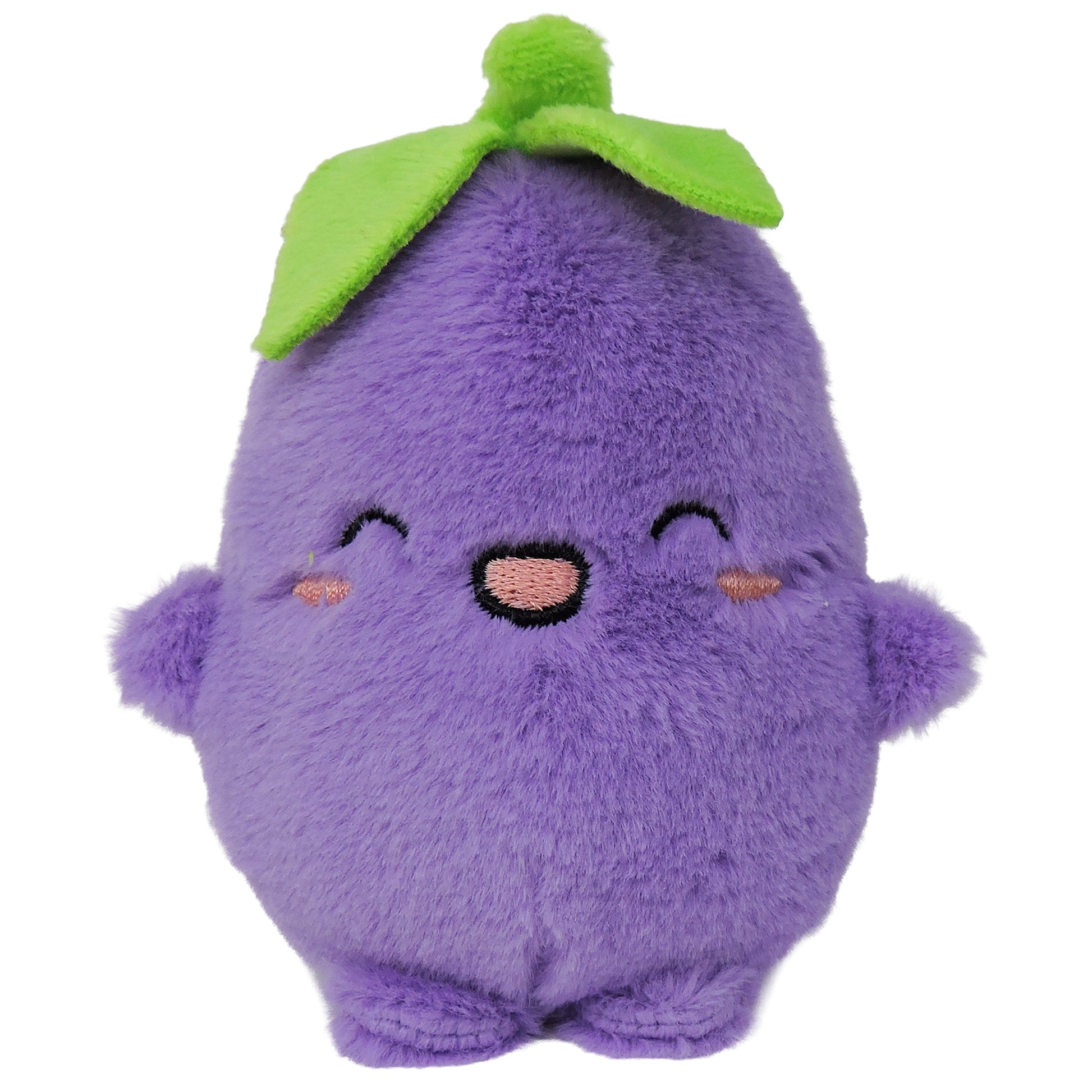 Pre-order the Sugar Skwisheez Night Shades by Sugar Skwisheez, a purple eggplant-shaped slow-rising plush with small arms, a smiling face, pink cheeks, and a green leaf on top for extra squishy fun!.
