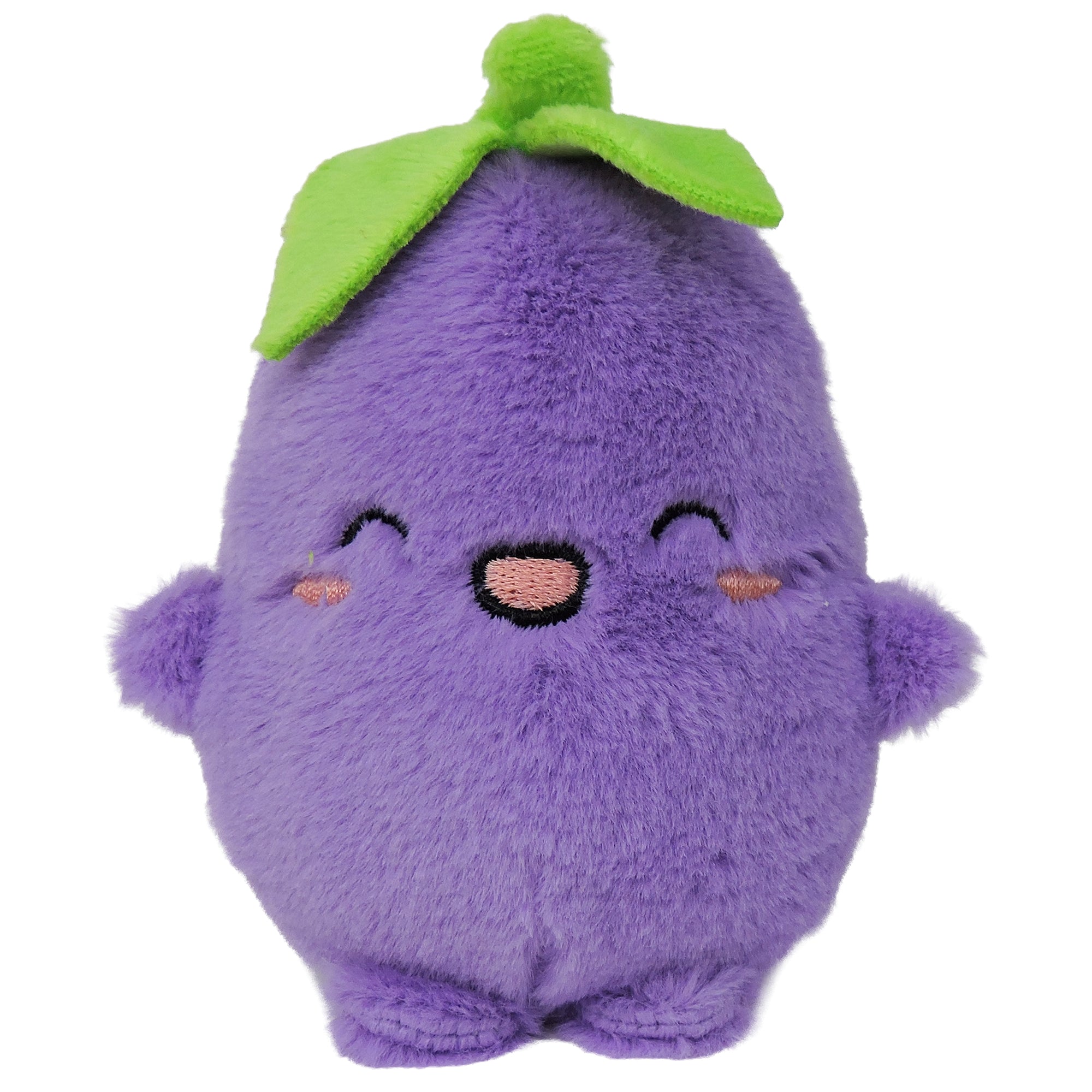 Pre-order the Sugar Skwisheez Night Shades by Sugar Skwisheez, a purple eggplant-shaped slow-rising plush with small arms, a smiling face, pink cheeks, and a green leaf on top for extra squishy fun!.
