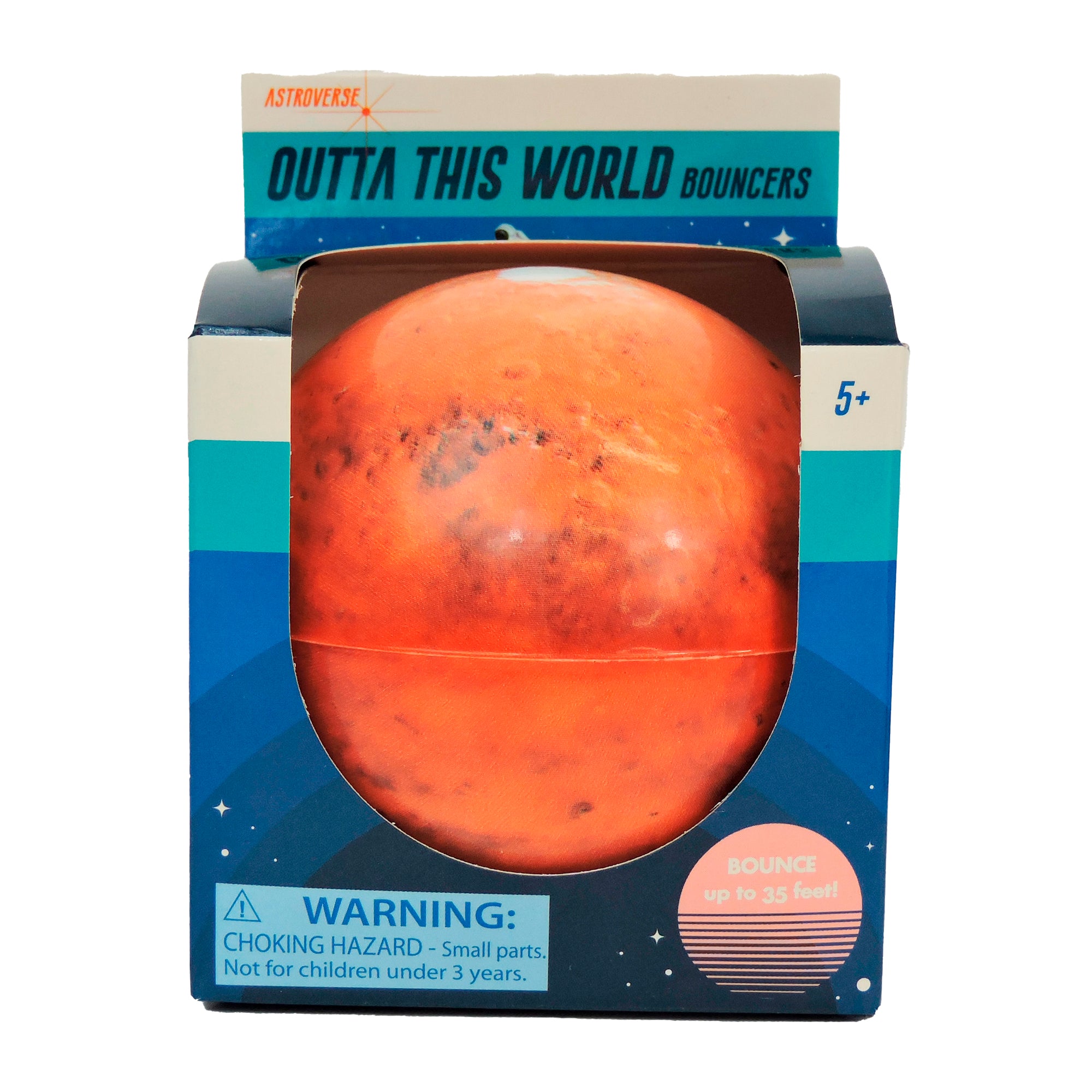 The Astroverse Outta This World Bouncers is a high-density foam Mars ball packaged in a blue box, featuring “OUTTA THIS WORLD Bouncers,” bouncing up to 35 feet. Not for children under 3 years due to choking hazard.