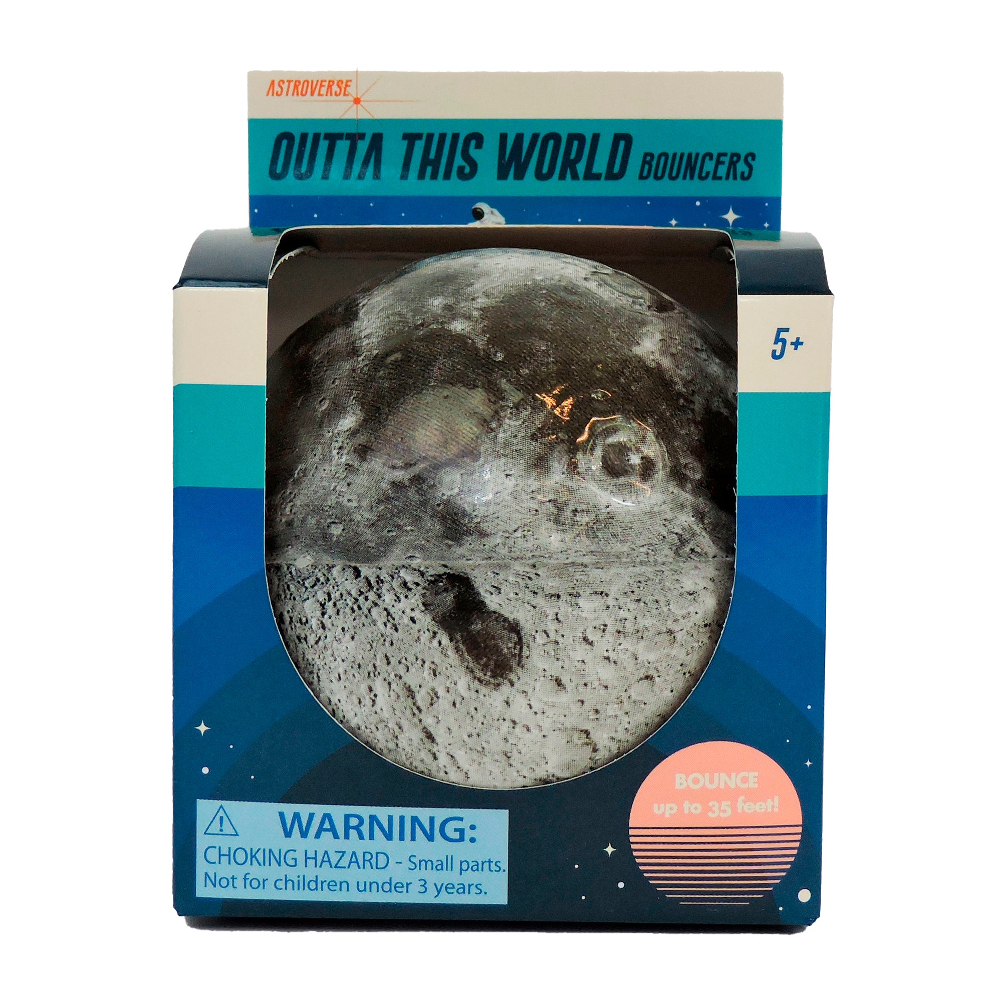 A moon-themed high-density foam ball from Astroverse, called Outta This World Bouncers, for ages 5+. Packaging warns of choking hazard and claims a sky-high bounce up to 35 feet.