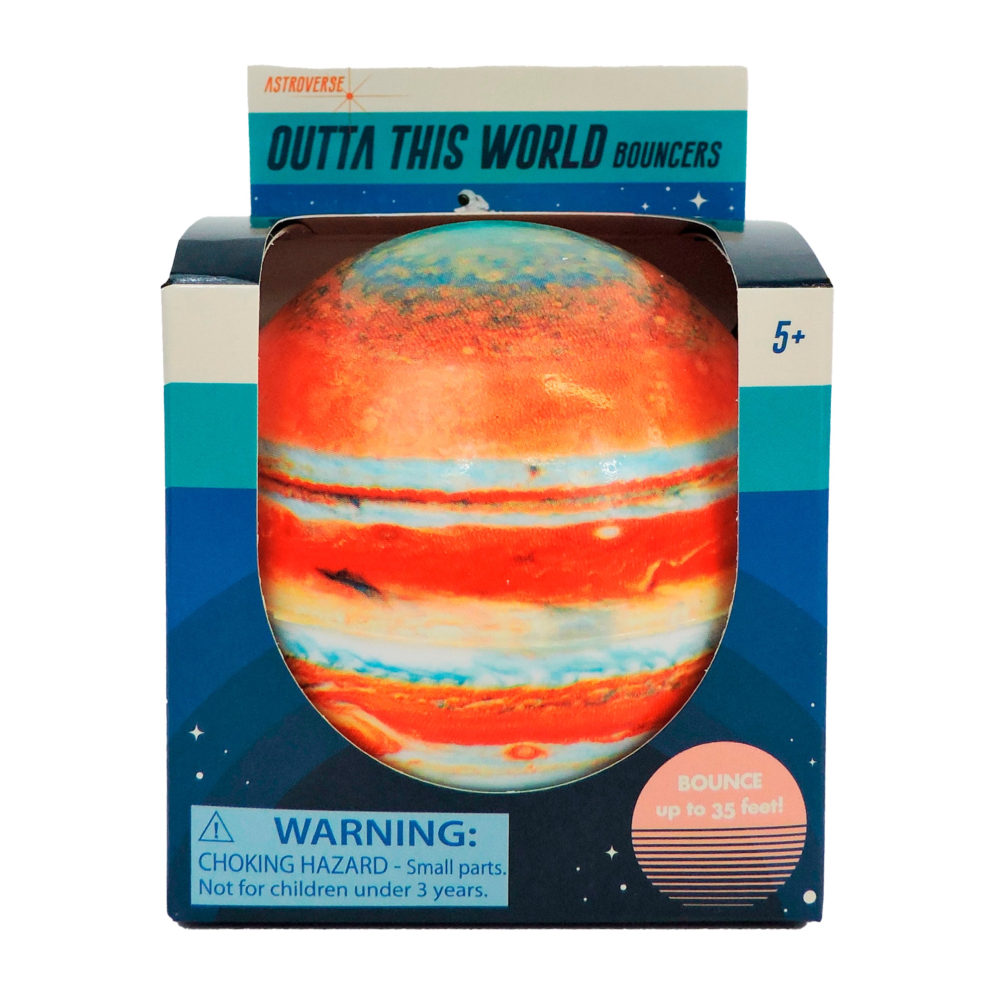 Astroverse’s Outta This World Bouncers is a Jupiter-themed high-density foam ball that bounces up to 35 feet. Packaged in a blue box with a choking hazard warning.