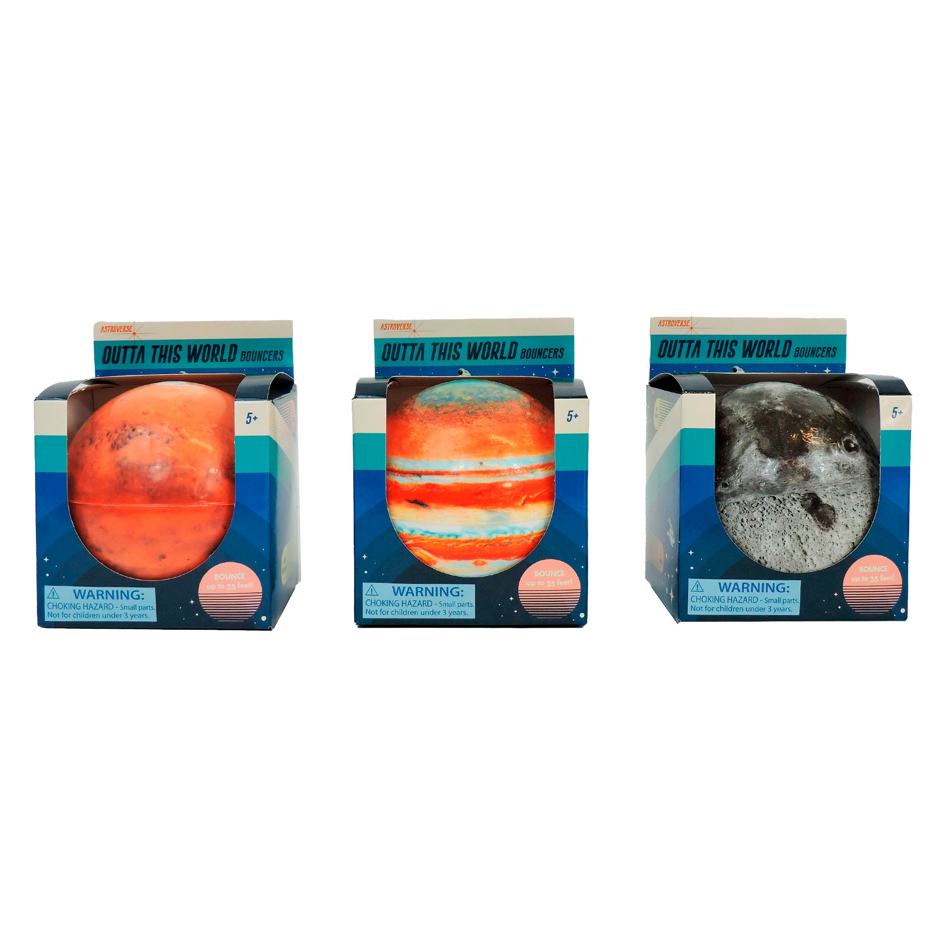 Three Outta This World Bouncers by Astroverse, each resembling Mars, Jupiter, or the Moon. Made of high-density foam for sky-high bounce. Blue packaging is labeled for ages 5+.