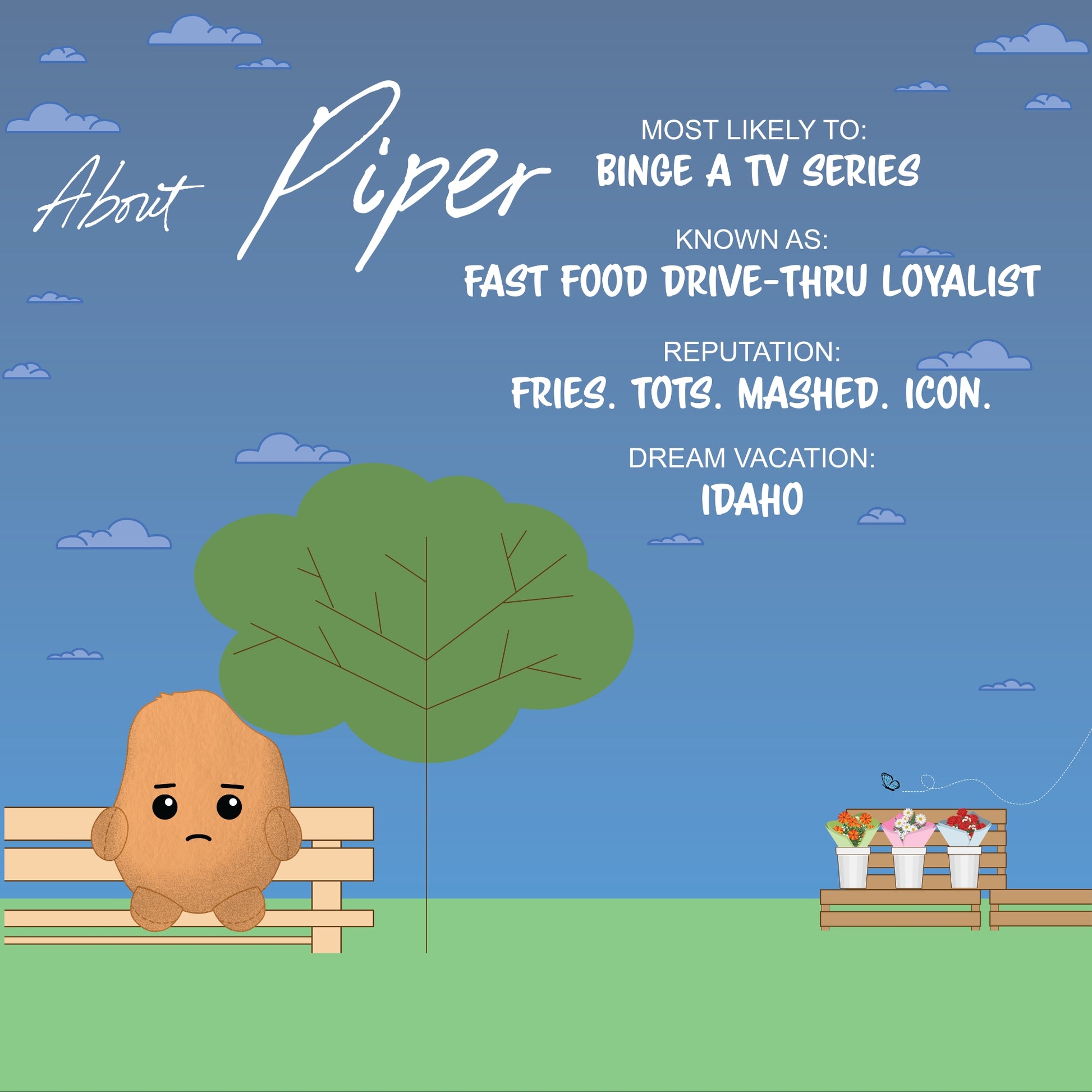 A cartoon potato named Piper dreams of Idaho on a bench by a tree, surrounded by fries, tots, and the slow-rising Sugar Skwisheez Night Shades toy. Text highlights Piper’s potato passion. Pre-order info for Sugar Skwisheez is included.
