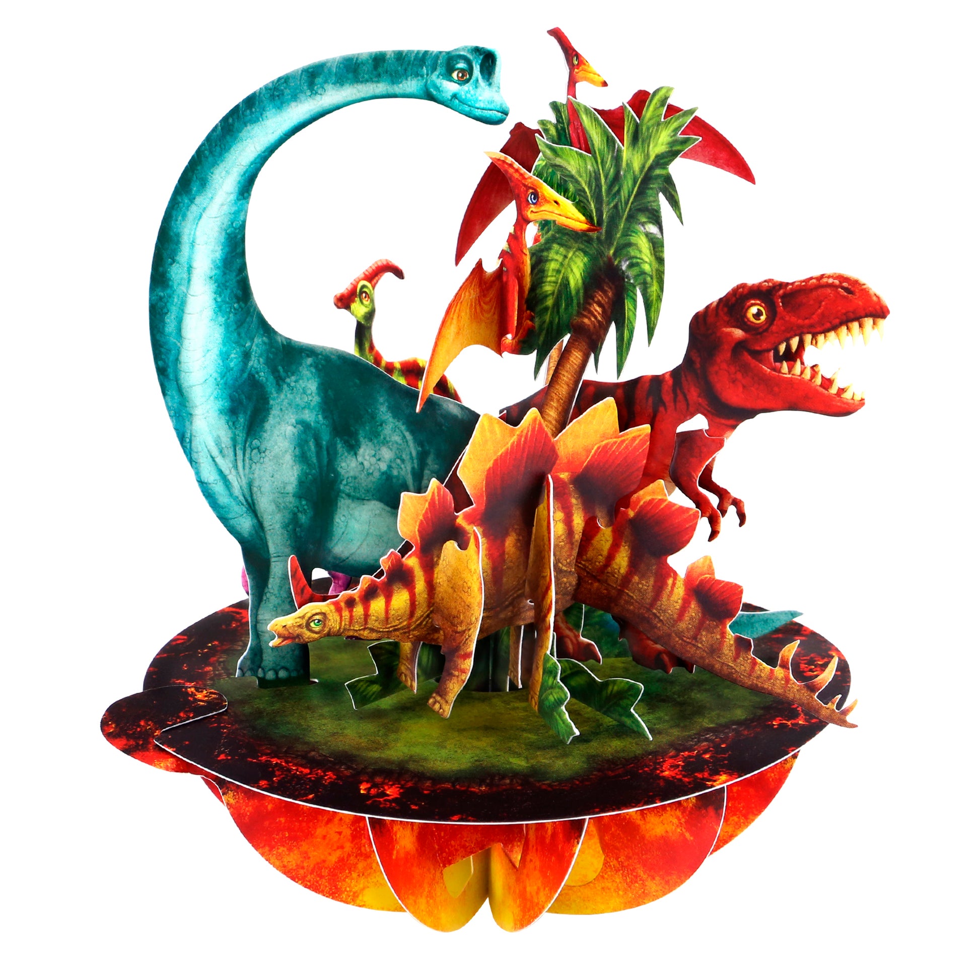 The Santoro Pirouette Card: Jurassic Dinosaurs is a colorful 3D pop-up card with dinosaurs—a blue Brachiosaurus, red T. rex, Stegosaurus, and Pteranodons flying near a palm tree on a volcanic base.