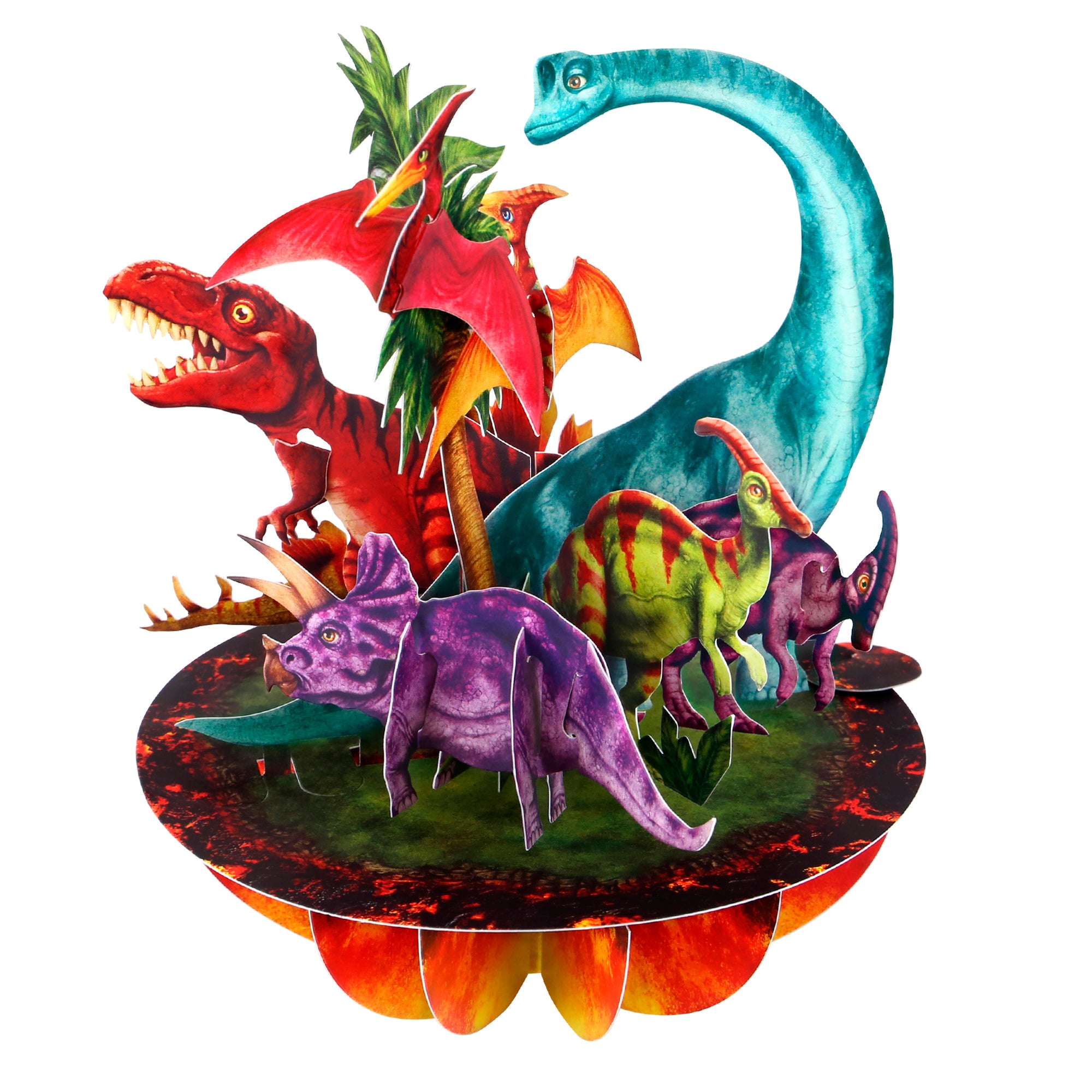 The Santoro Pirouette Card: Jurassic Dinosaurs is a vibrant 3D paper centerpiece with cartoon dinosaurs—a red T-Rex, green pterodactyl, blue brachiosaurus, purple triceratops, and two smaller dinos—on a volcanic base.