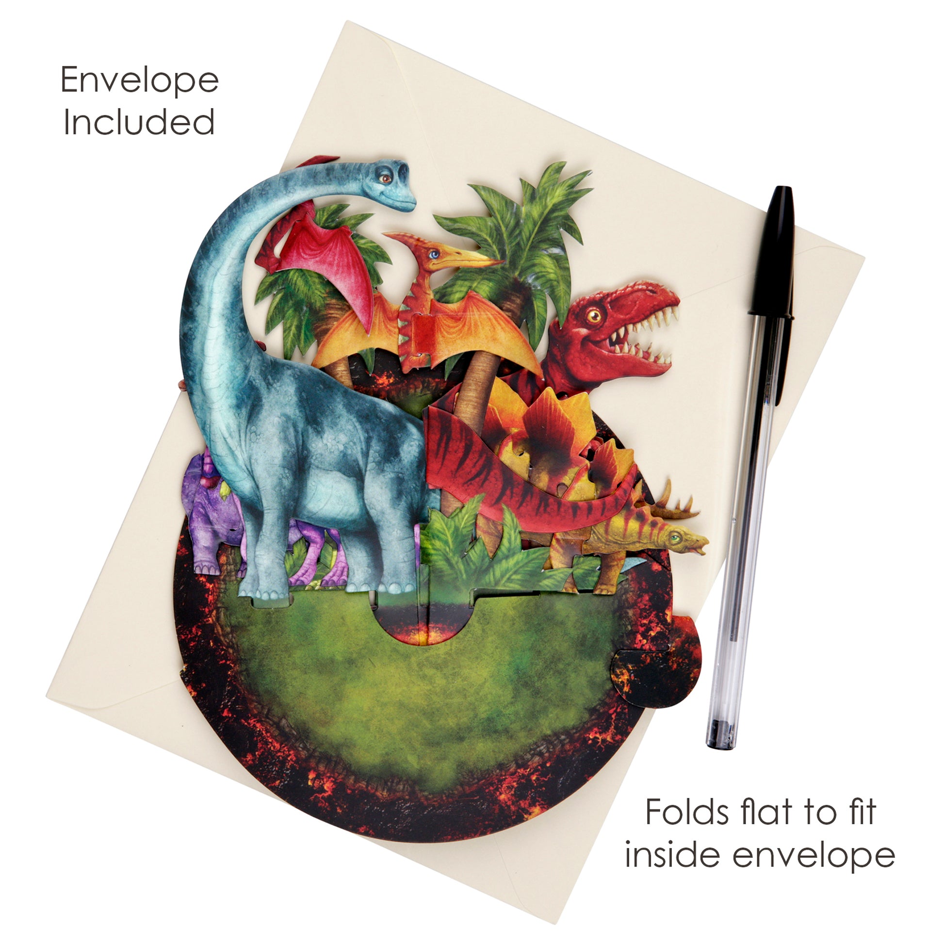 The Santoro Pirouette Card: Jurassic Dinosaurs is a colorful pop-up card with various dinosaurs, shown partially open atop a cream envelope with a black pen beside it. Text: Envelope Included and Folds flat to fit inside envelope.