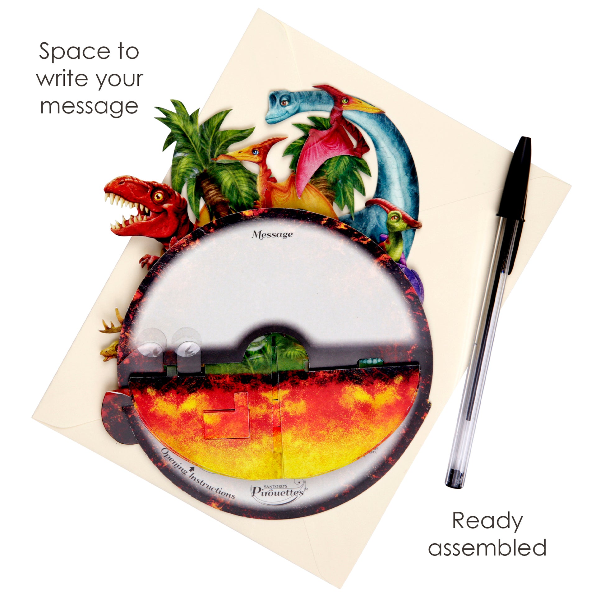 The Santoro Pirouette Card: Jurassic Dinosaurs is a vibrant dinosaur-themed card featuring a circular spinning message wheel. Includes an envelope and black pen. Text: "Space to write your message" and "Ready assembled.
