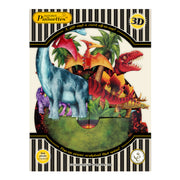 The Santoro Pirouette Card: Jurassic Dinosaurs is a colorful 3D pop-up card showing a large blue dinosaur at the front, with red and orange dinosaurs in lush foliage. The packaging features a striped border with gold accents.