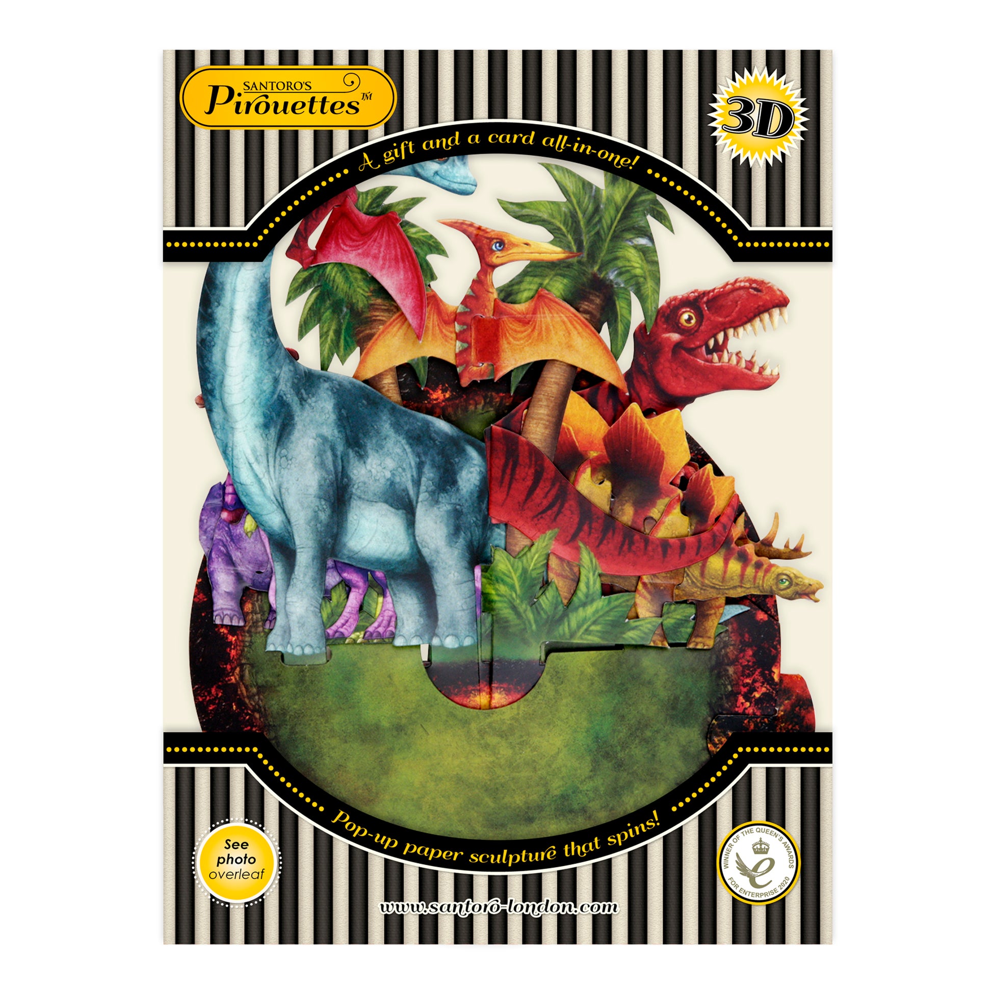 The Santoro Pirouette Card: Jurassic Dinosaurs is a colorful 3D pop-up card showing a large blue dinosaur at the front, with red and orange dinosaurs in lush foliage. The packaging features a striped border with gold accents.