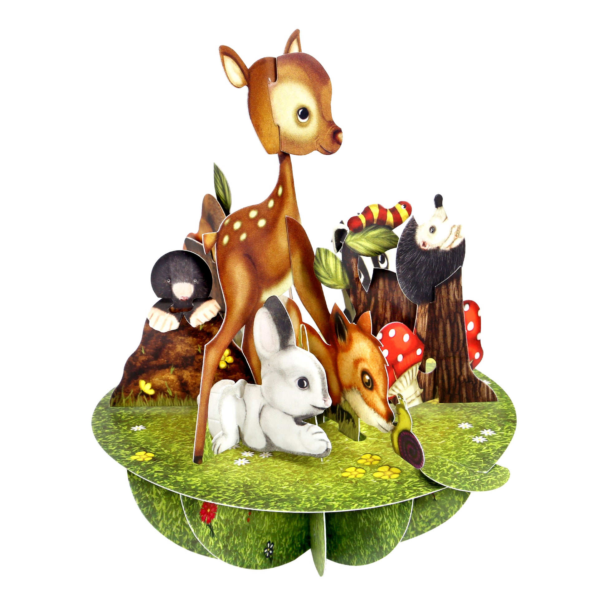 The Santoro Pirouette Card: Cute Baby Animals features a pop-up scene of a young deer on green grass, surrounded by a bunny, fox, mole, snail, and badger amid mushrooms and plants.
