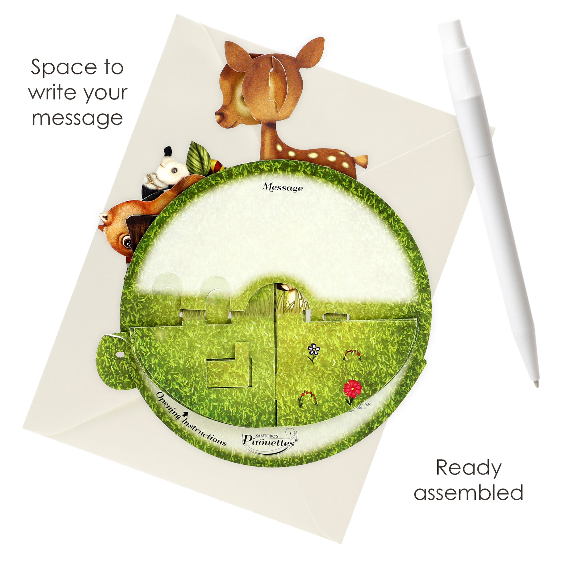 The Santoro Pirouette Card: Cute Baby Animals, a circular greeting card, sits on an envelope with a white pen. Text highlights the card’s message space and notes it comes “ready assembled.”.