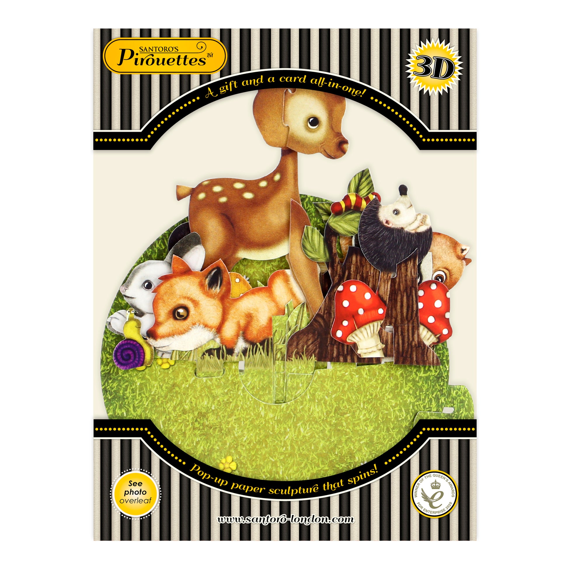 Illustration of woodland animals—deer, hedgehog, squirrel, fox, and rabbit—among mushrooms and grass. Packaging reads "Santoro Pirouette Card: Cute Baby Animals" and "Pop-up paper sculpture that spins!.
