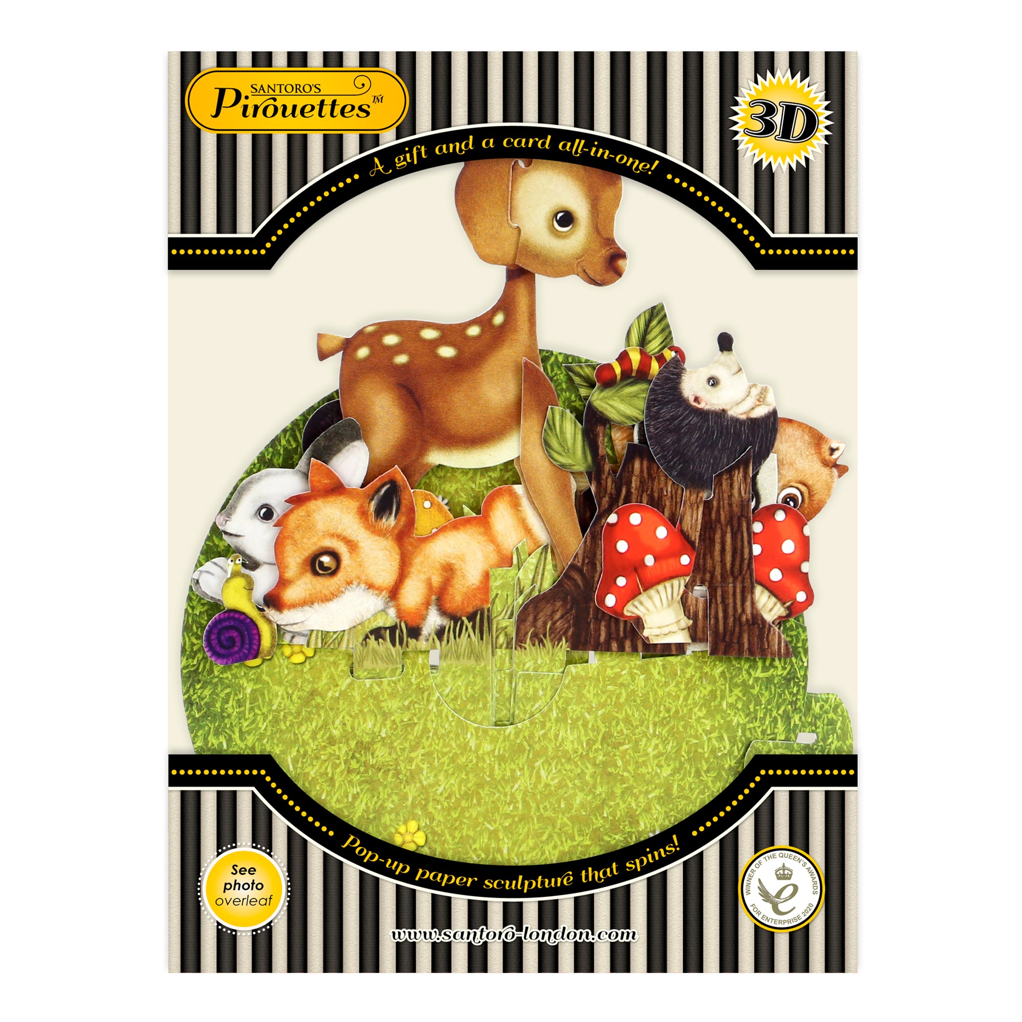 Illustration of woodland animals—deer, hedgehog, squirrel, fox, and rabbit—among mushrooms and grass. Packaging reads "Santoro Pirouette Card: Cute Baby Animals" and "Pop-up paper sculpture that spins!.
