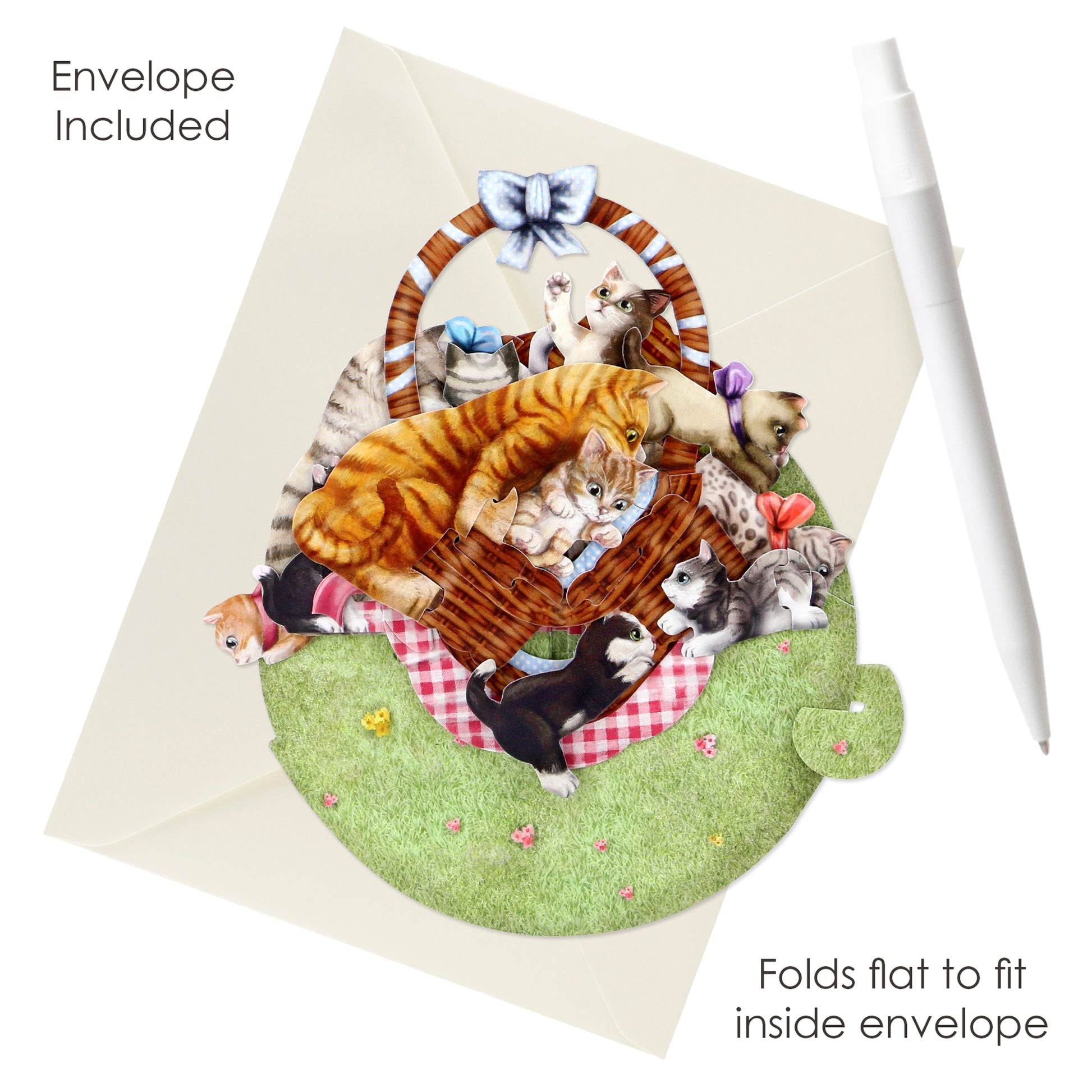 The Santoro Pirouette Card: Kittens in a Basket features illustrated cats playing around a basket on grass. Includes envelope, folds flat to fit inside.