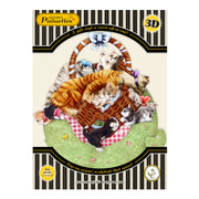 The Santoro Pirouette Card: Kittens in a Basket features a colorful 3D pop-up illustration of playful cats and kittens around a brown wicker basket on green grass, framed by a decorative black and gold border.