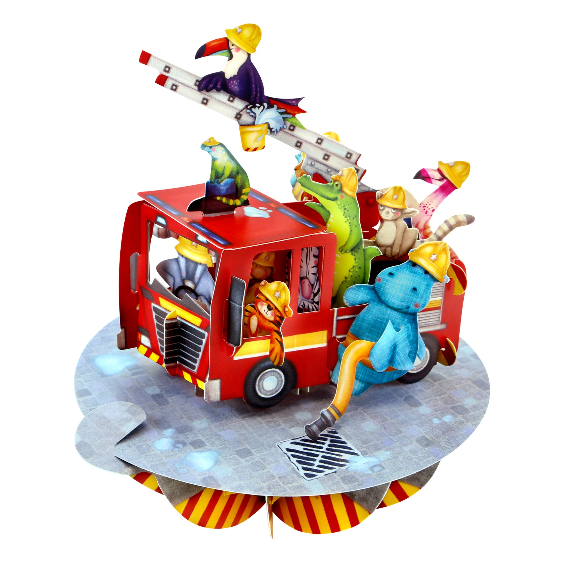 Colorful illustration on the Santoro Pirouette Card: Animal Fire Truck shows animals in yellow hard hats riding and driving a red fire truck, with some climbing a ladder— all atop a circular platform.