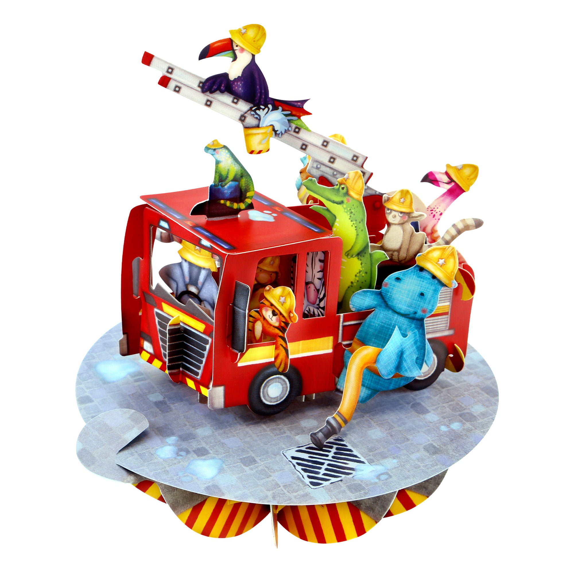 Colorful illustration on the Santoro Pirouette Card: Animal Fire Truck shows animals in yellow hard hats riding and driving a red fire truck, with some climbing a ladder— all atop a circular platform.